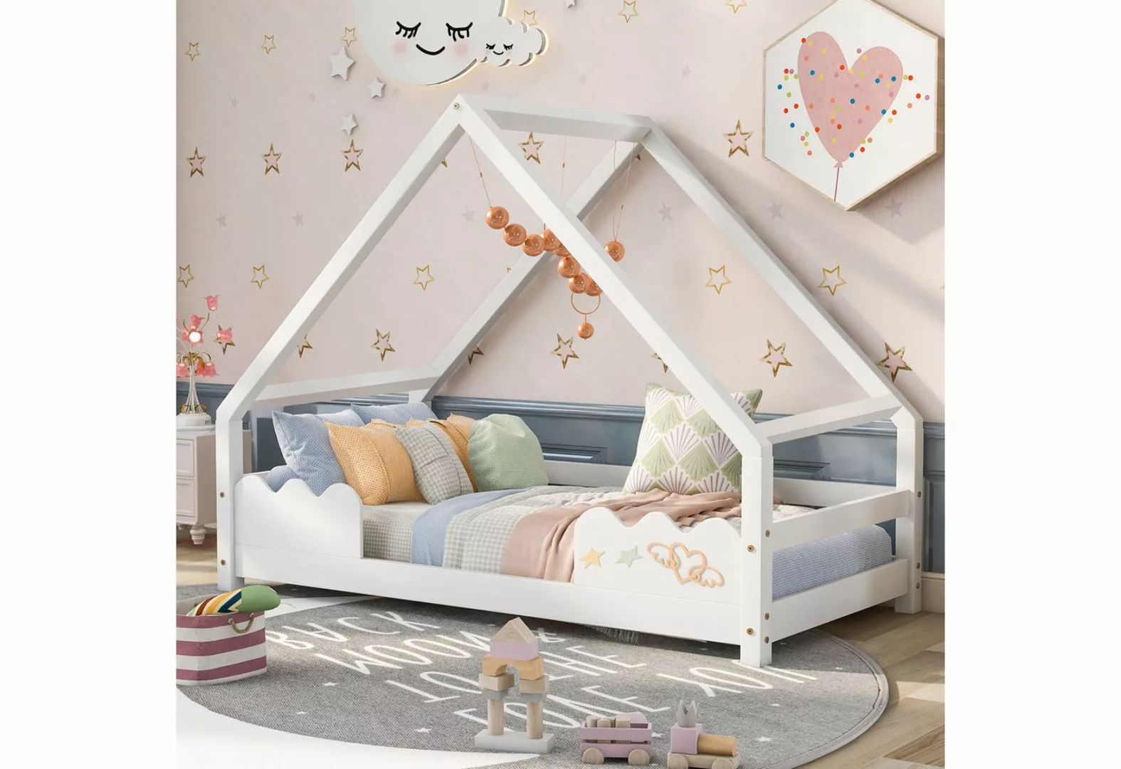 Merax Hausbett (Spielbett Jugendbett Massivholz), Kinderbett 90x200cm mit R günstig online kaufen