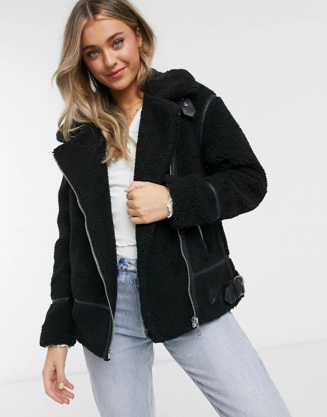 New Look – Pilotenjacke mit Teddyfell in Schwarz günstig online kaufen