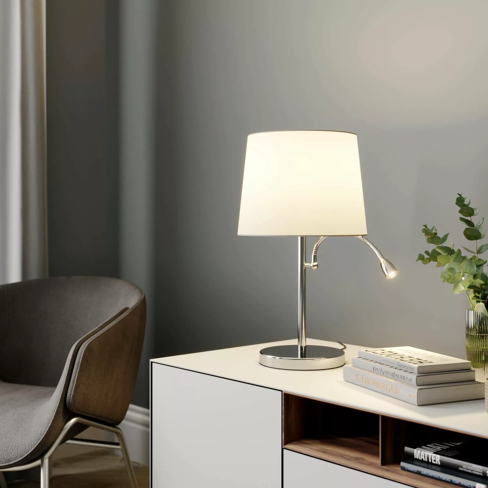 Stoff-Tischleuchte Benjiro mit LED-Leselampe günstig online kaufen