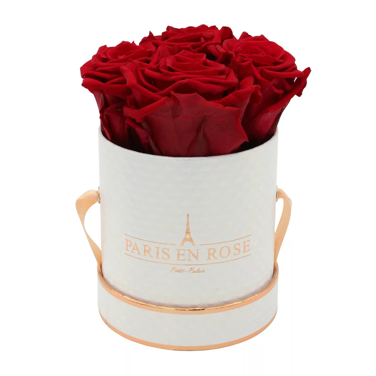 Rosenbox Ø 10 cm Weiß-Roségold Deluxe mit 4 Bordeaux Rosen günstig online kaufen