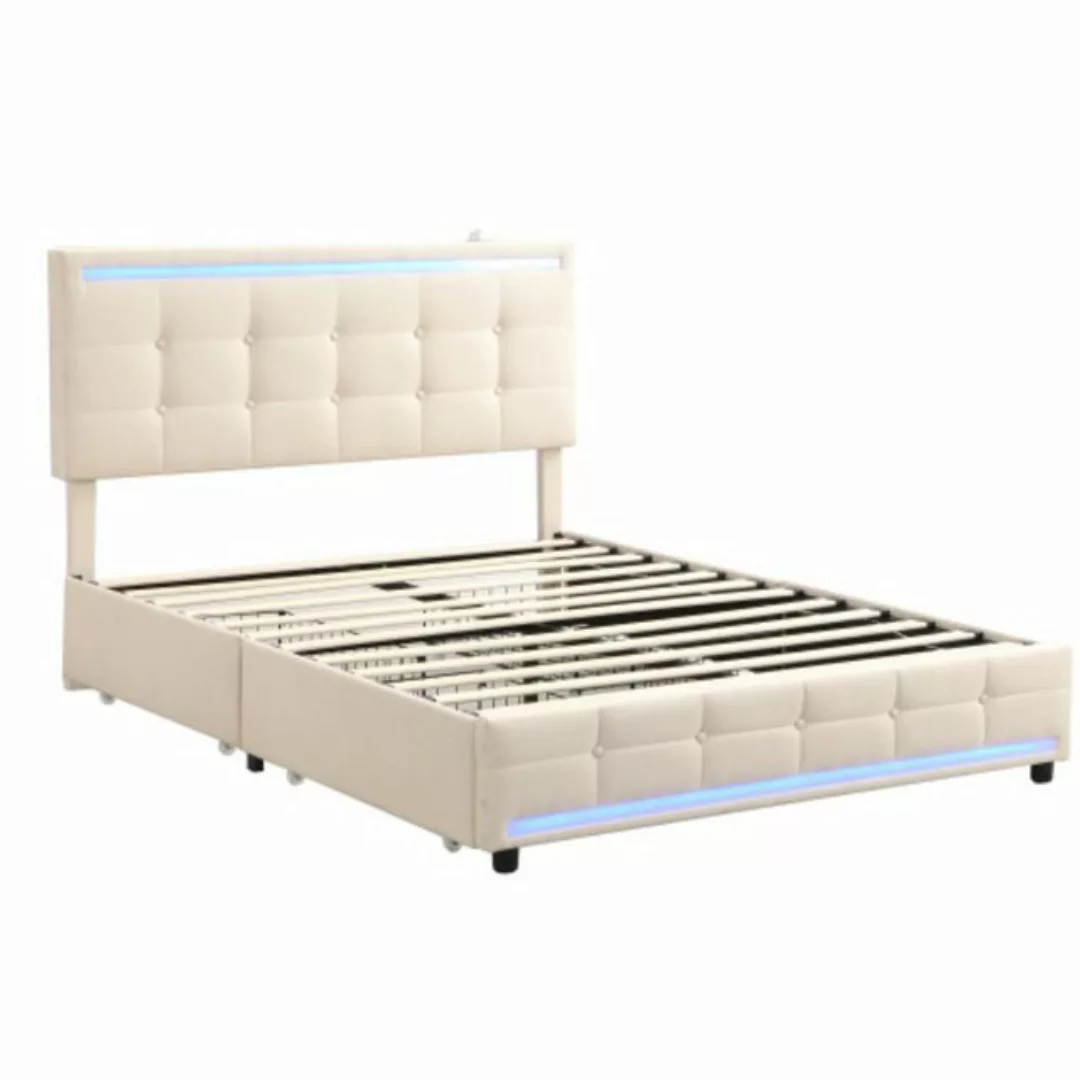 Odikalo Polsterbett Doppelbett 4 Schubladen PU-Leder 16-LED Stauraum Beige/ günstig online kaufen