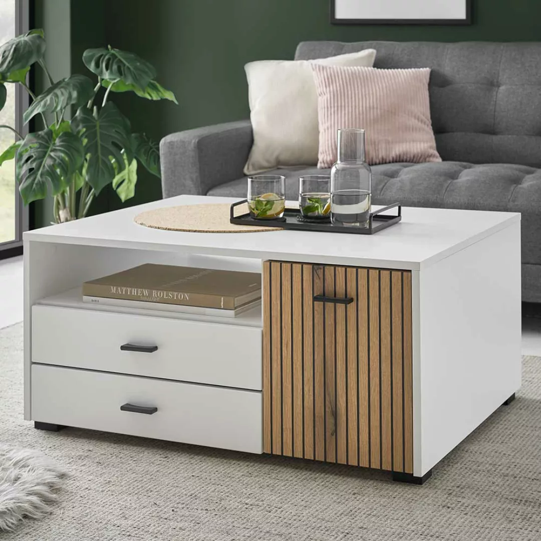 Sofa Tisch modern in Weiß und Wildeiche NB 90 cm breit günstig online kaufen