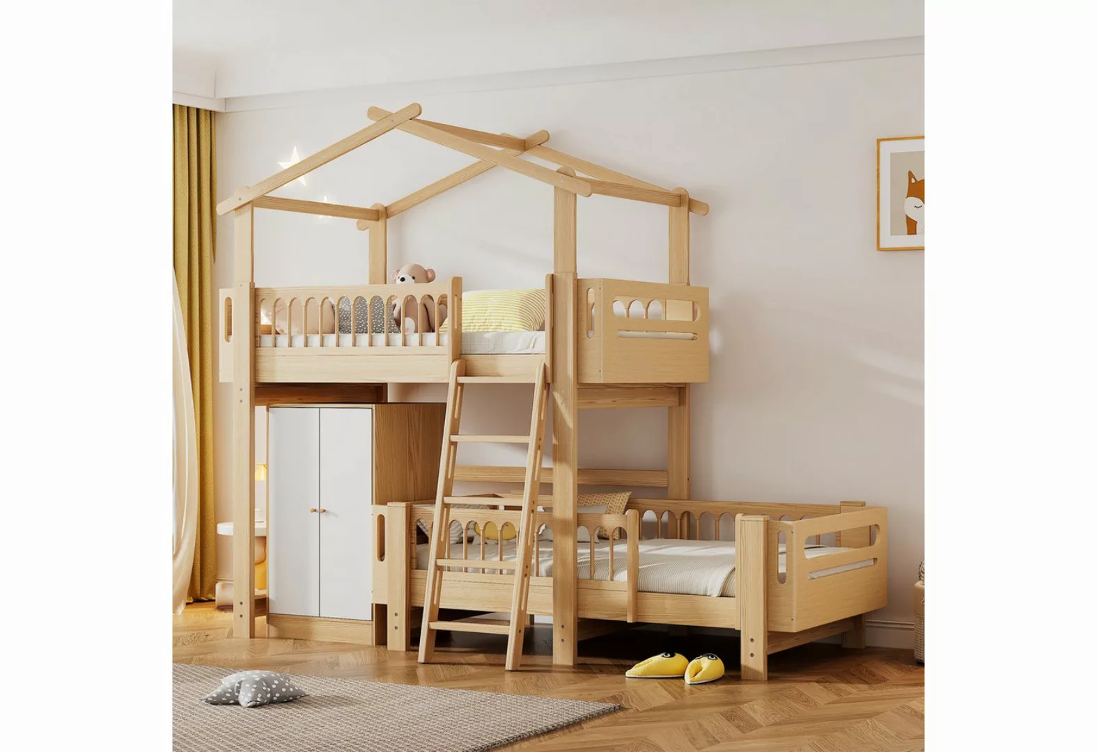 Merax Etagenbett, 90x200cm mit Kleiderschrank,Unterbett, Kinderbett mit Rau günstig online kaufen