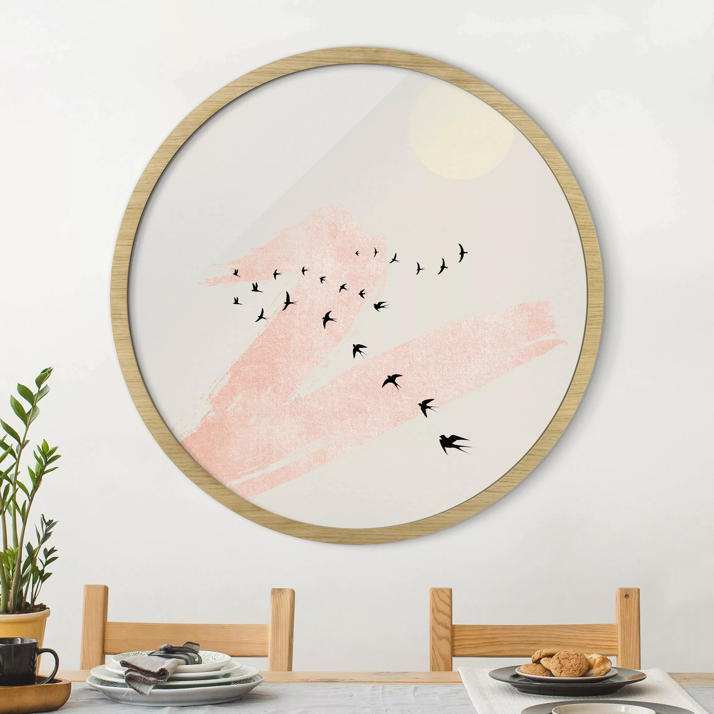Rundes Gerahmtes Bild Vogelschwarm vor Rosa Himmel günstig online kaufen