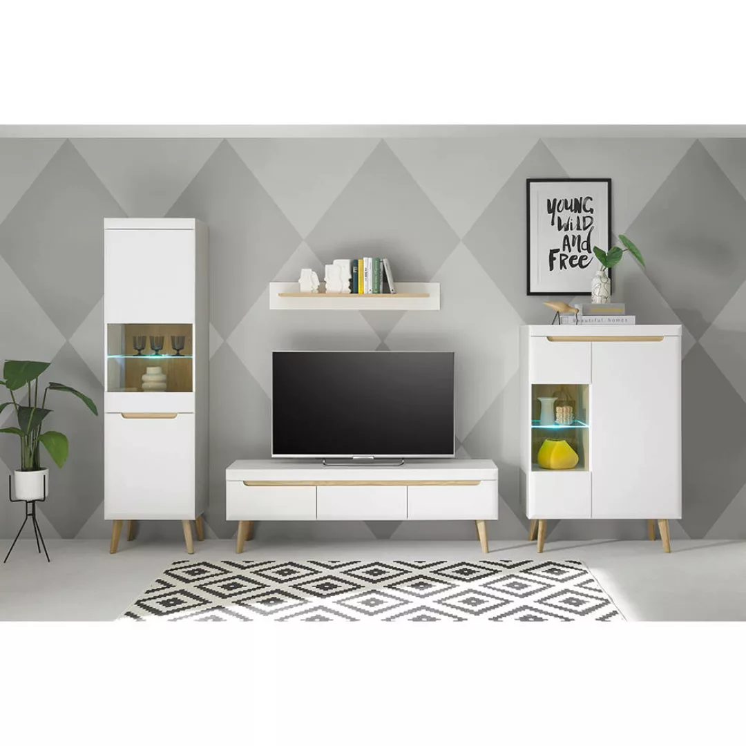 Wohnzimmer Set in Weiß Matt mit Eiche STOCKTON-61, 4-teilig inkl. Beleuchtu günstig online kaufen