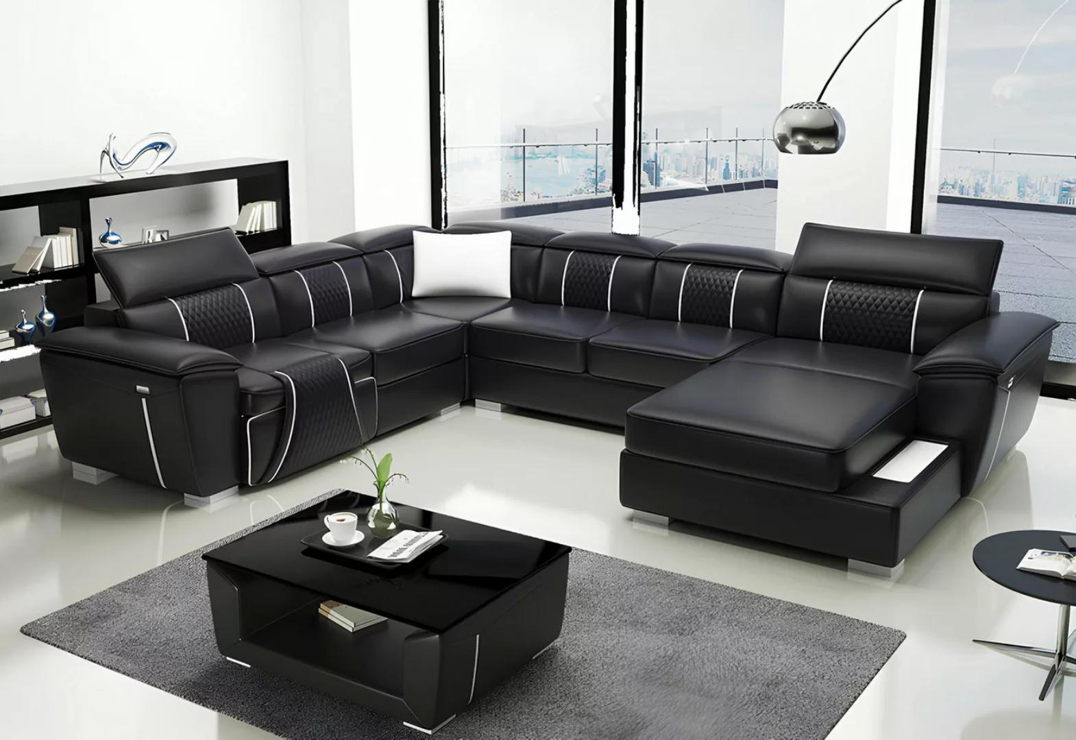 Xlmoebel Sofa Neues schwarzes Designer-Ledersofa in U-Form mit Polsterung - günstig online kaufen