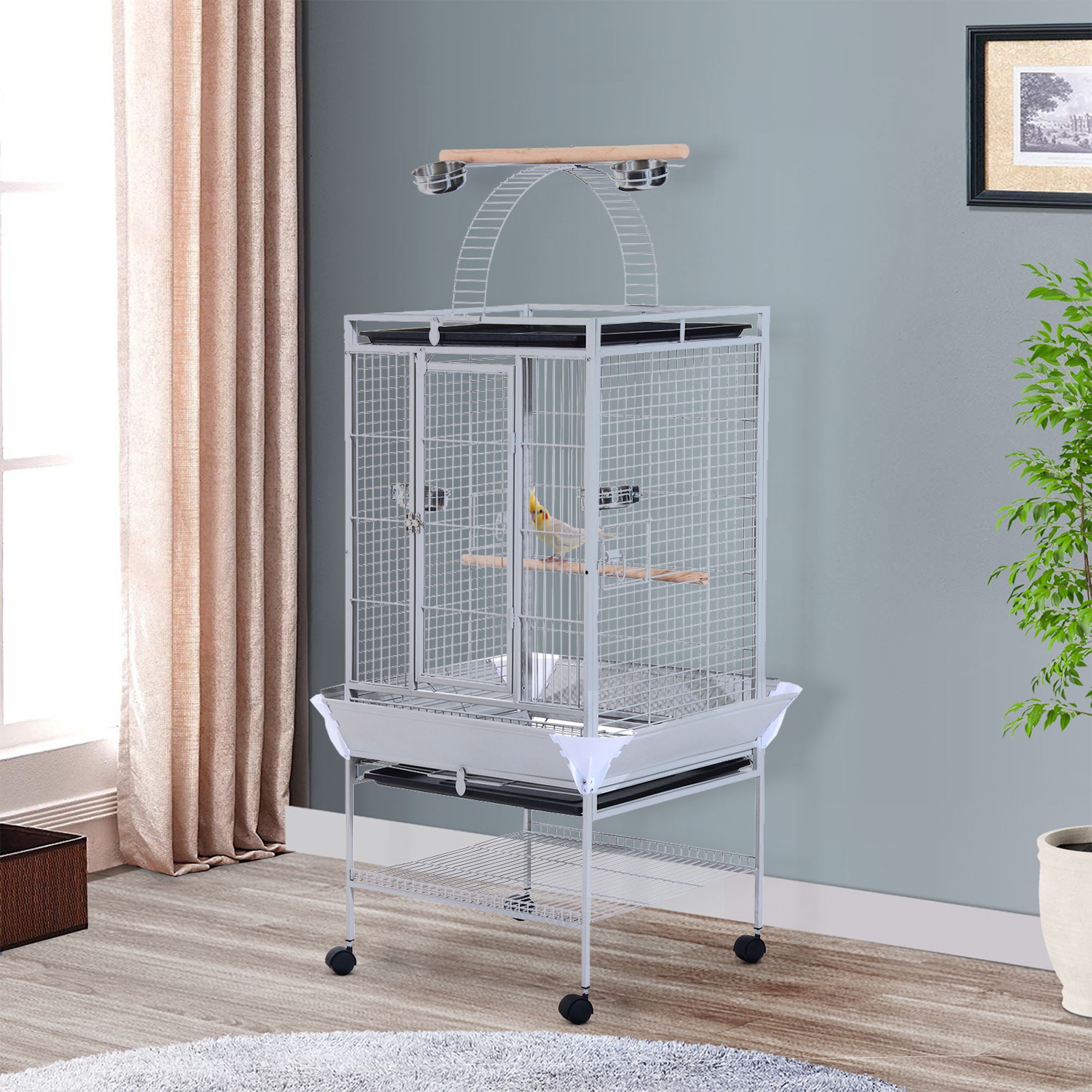 PawHut Vogelkäfig mit Rädern Höhe 161,5 cm, Edelstahlschalen und Holzsitzst günstig online kaufen