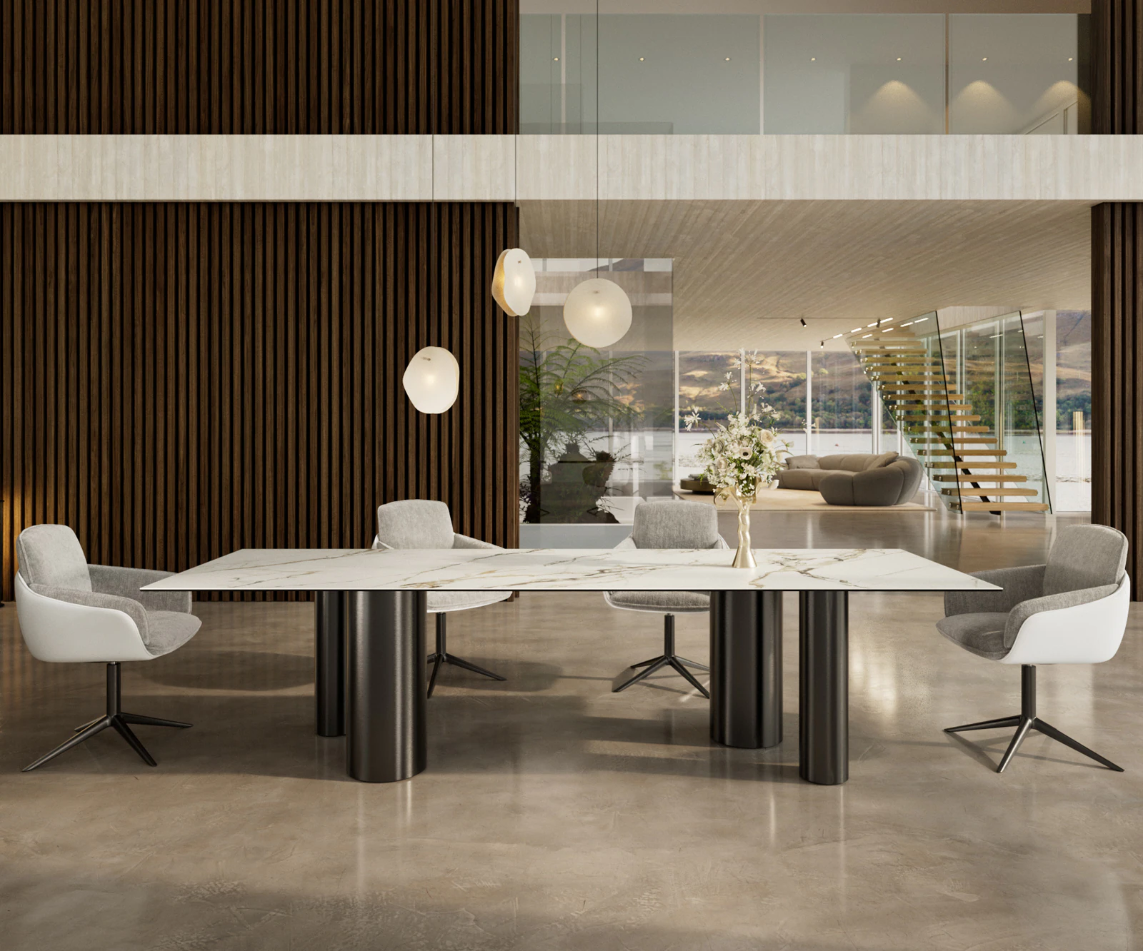 Esstisch Edge 300x100 Keramik Calacatta Luxe Weiß-Gold-Grau Pilier Edelstah günstig online kaufen