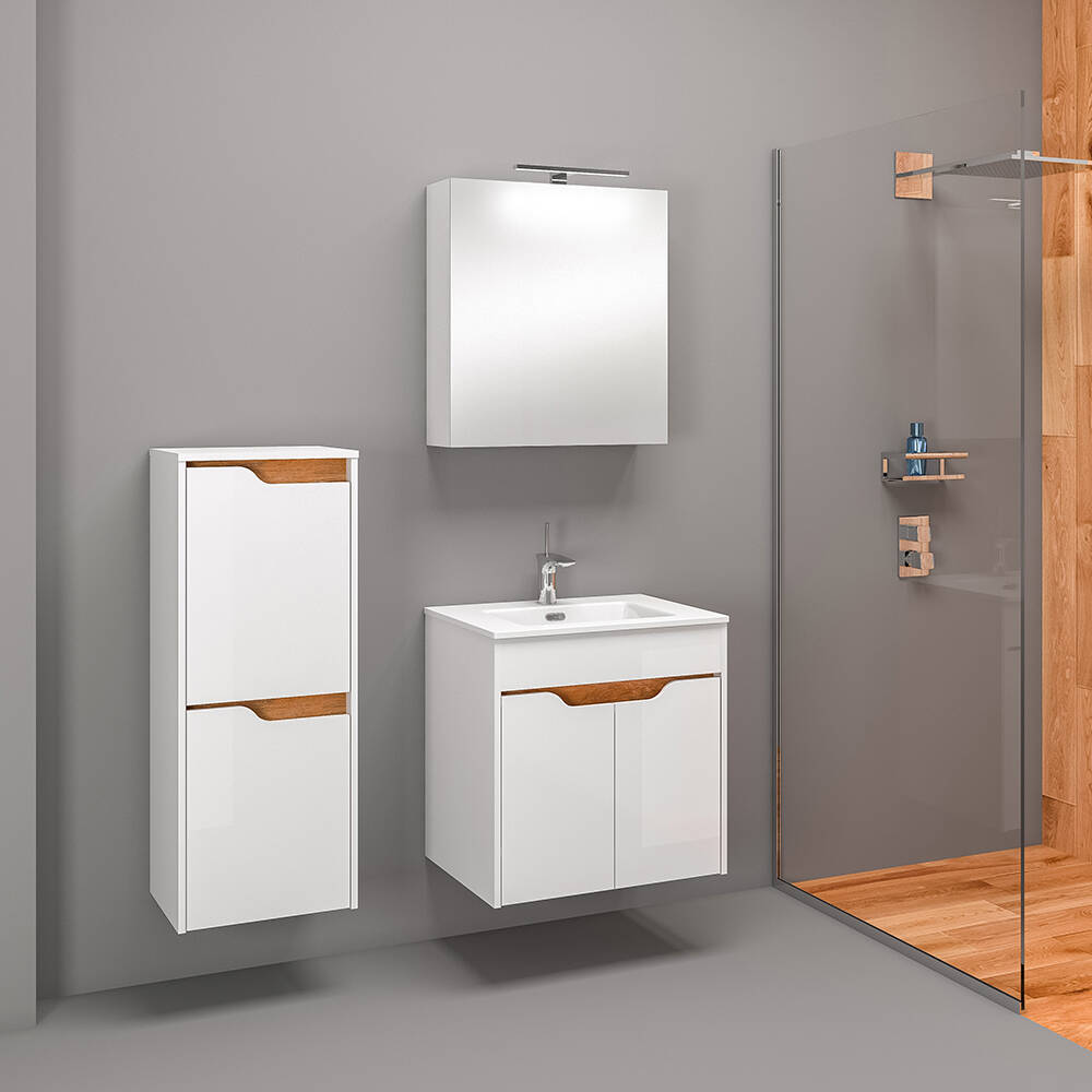 Badezimmer Set 3-teilig, 60cm Waschtisch, Spiegelschrank inkl. Aufbauleucht günstig online kaufen