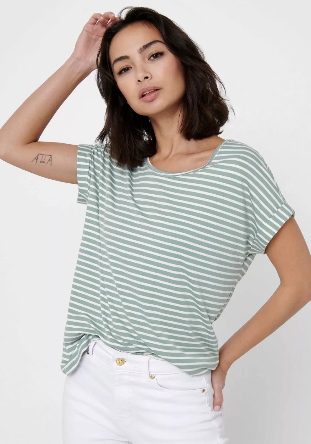 ONLY T-Shirt "ONLMOSTER STRIPE S/S O-NECK TOP JRS NOOS", mit Aufschlag am A günstig online kaufen