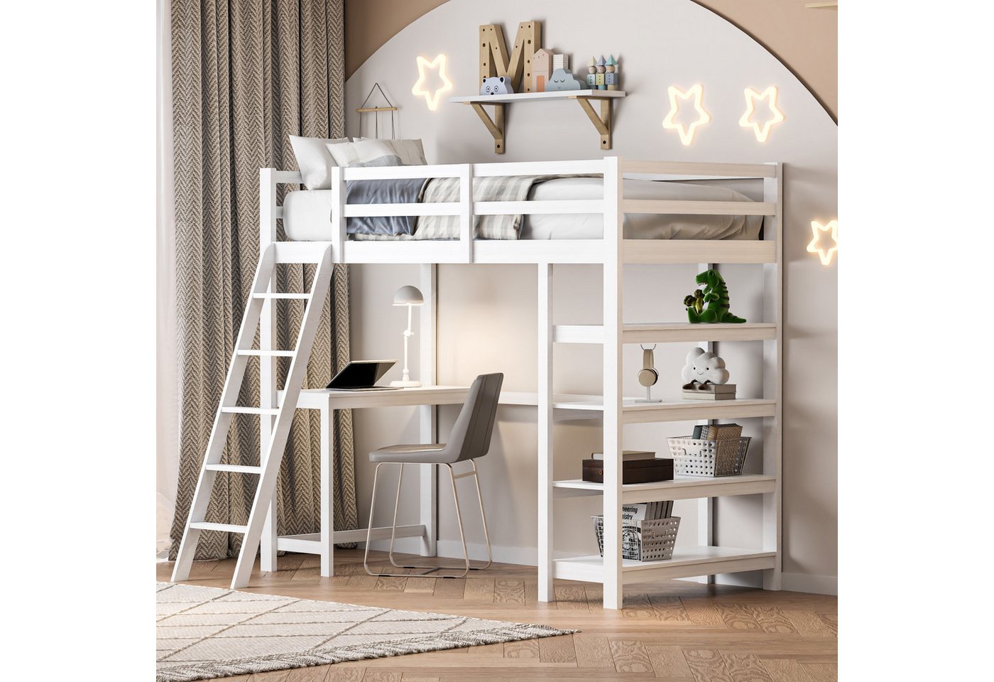 FUROKOY Hochbett Kinderbett 90x200cm mit Ablagefächern,Schreibtisch,Leiter günstig online kaufen