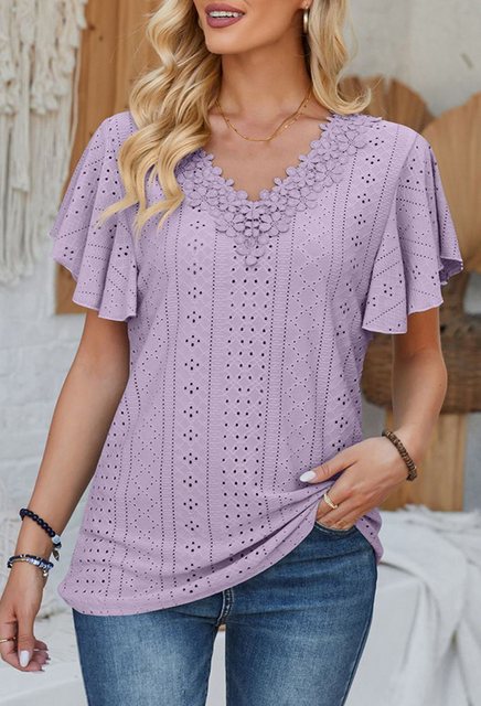 CHENIN T-Shirt Women's Ruffle Sleeve V-Ausschnitt solide Farbe lässig Croch günstig online kaufen