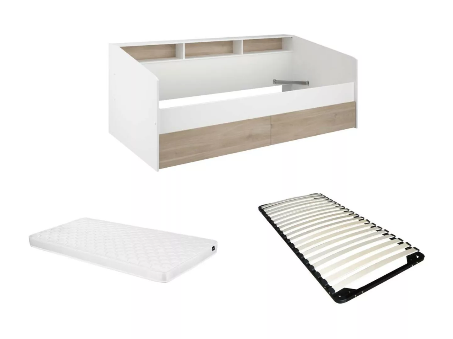 Bett 90 x 190/200 cm mit Stauraum  + Lattenrost + Matratze - Weiß & Holzfar günstig online kaufen