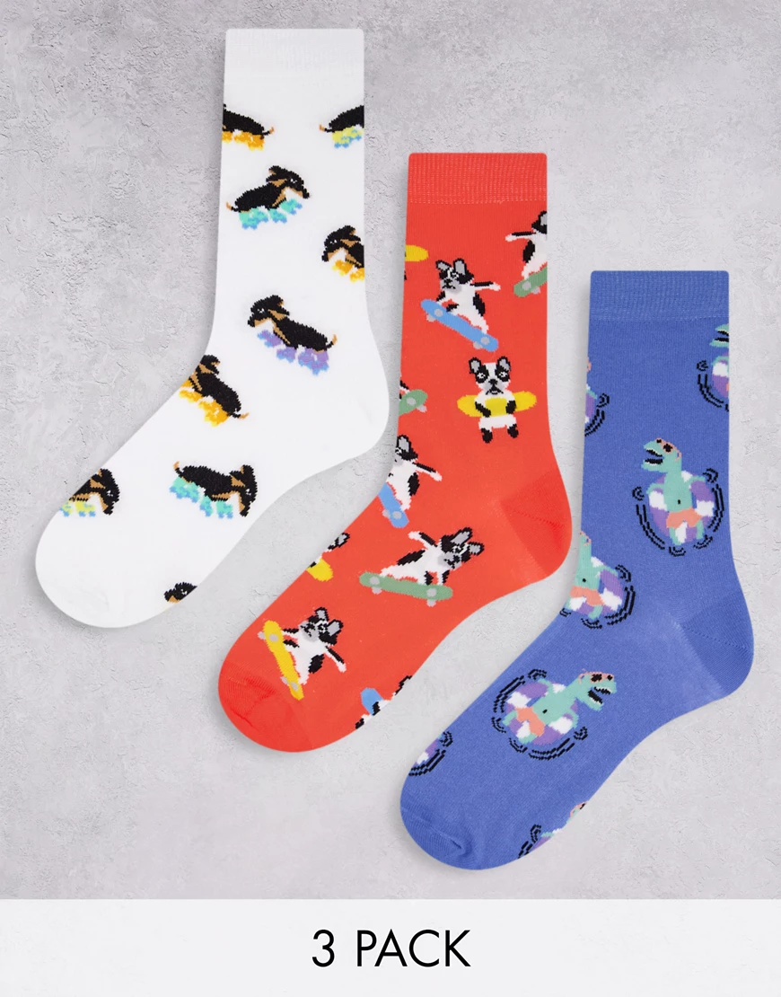 ASOS DESIGN – Knöchelsocken mit Hunde- und Krokodil-Motiven im 3er-Pack-Bun günstig online kaufen