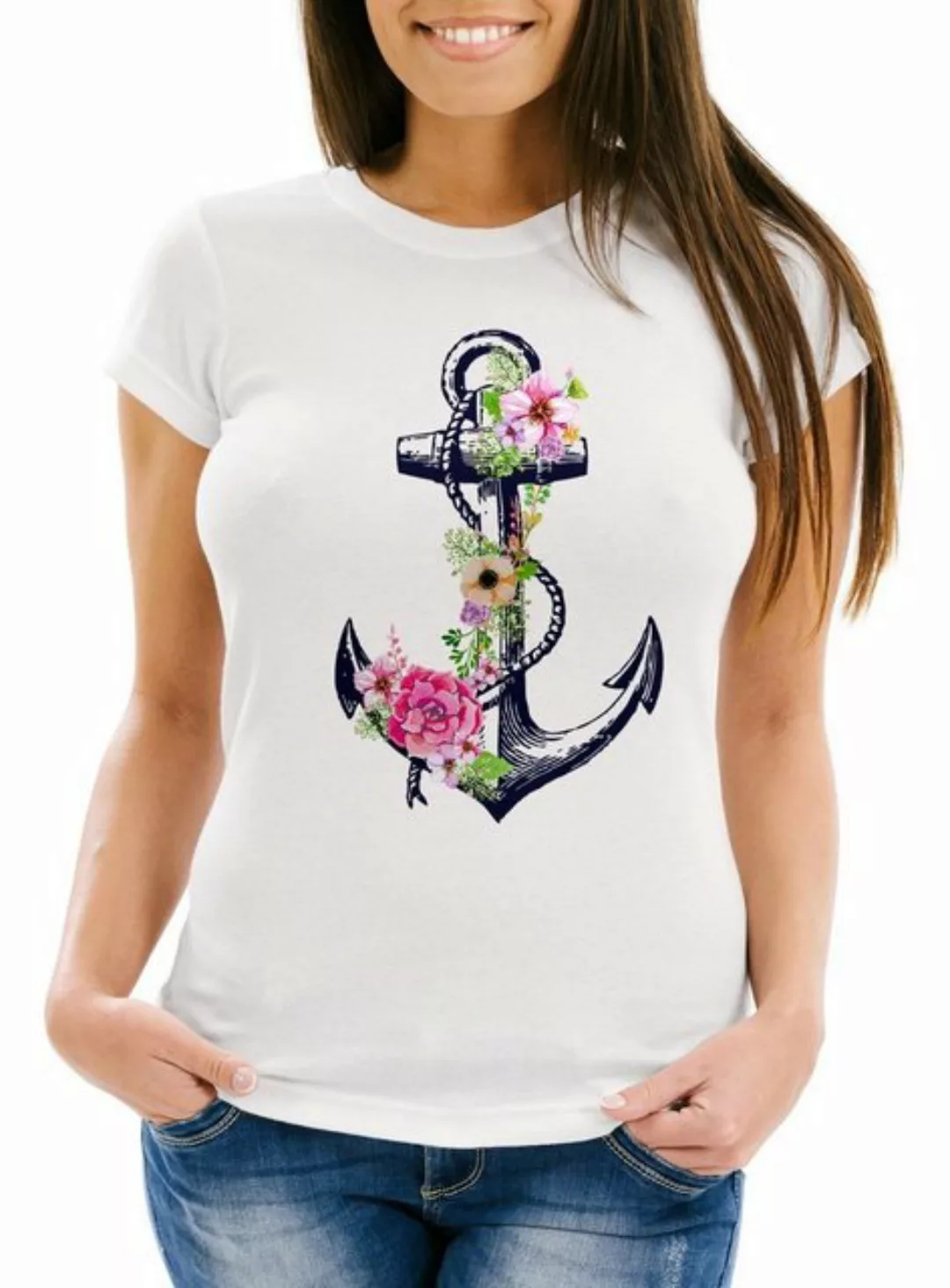 Neverless Print-Shirt Damen T-Shirt Blumen Anker Flower Anchor Watercolor S günstig online kaufen