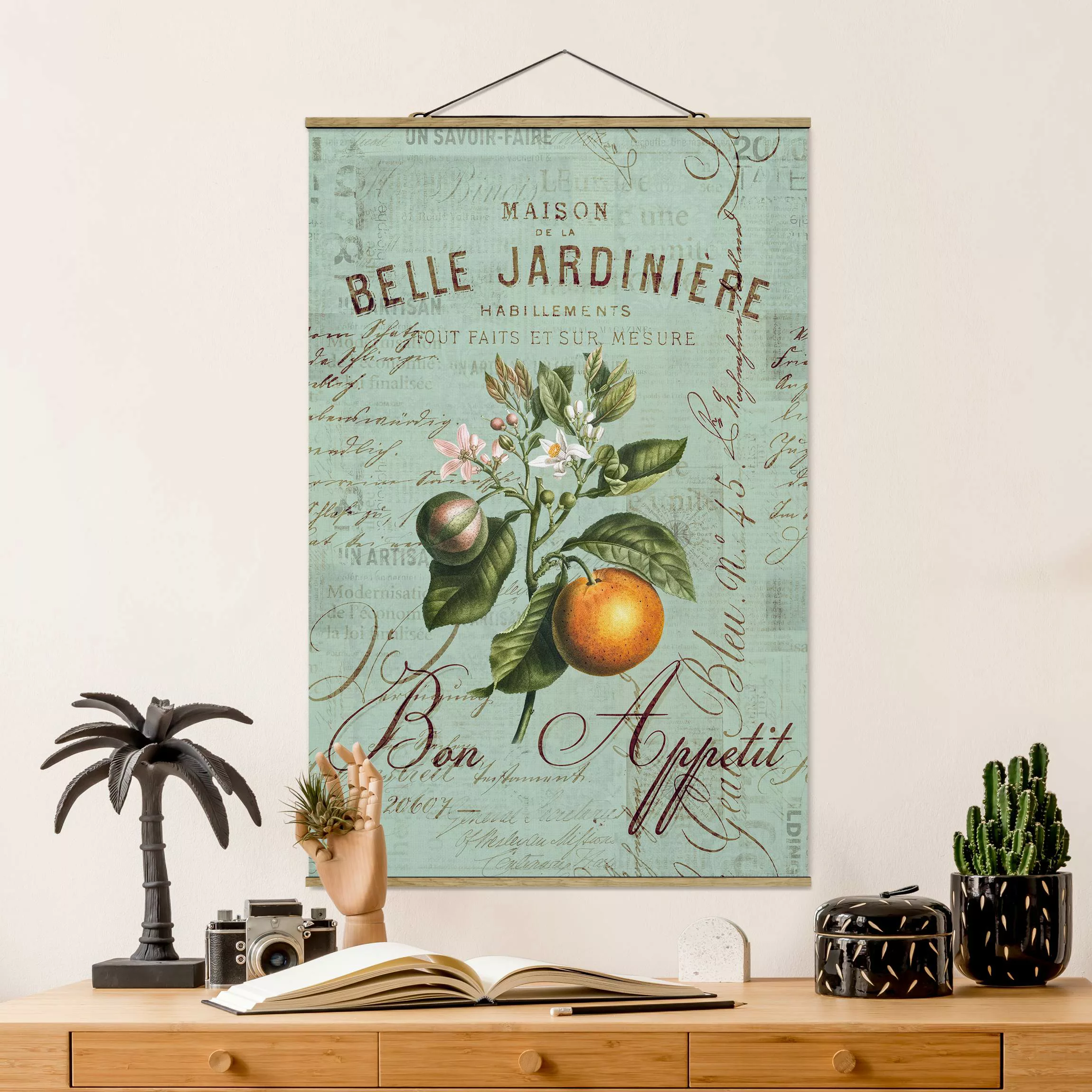 Stoffbild Blumen mit Posterleisten - Hochformat Shabby Chic Collage - Orang günstig online kaufen