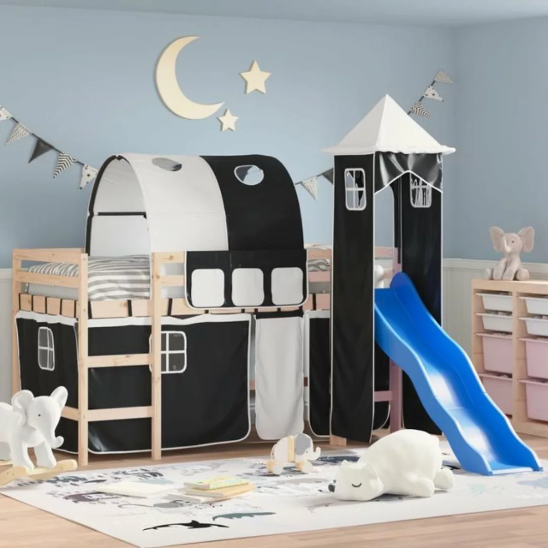 vidaXL Kinderbett Kinderhochbett mit Turm Weiß Schwarz 80x200 cm Kiefernhol günstig online kaufen