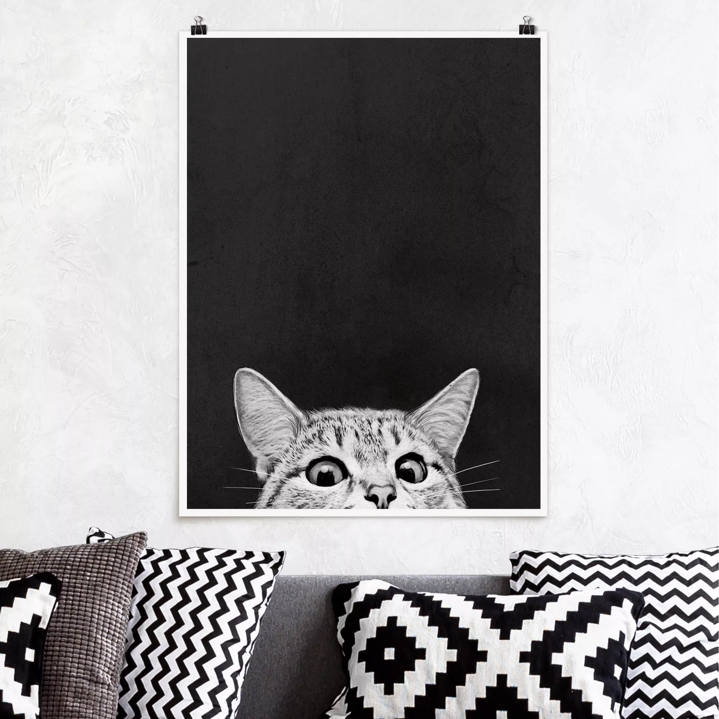 Poster Tiere - Hochformat Illustration Katze Schwarz Weiß Zeichnung günstig online kaufen