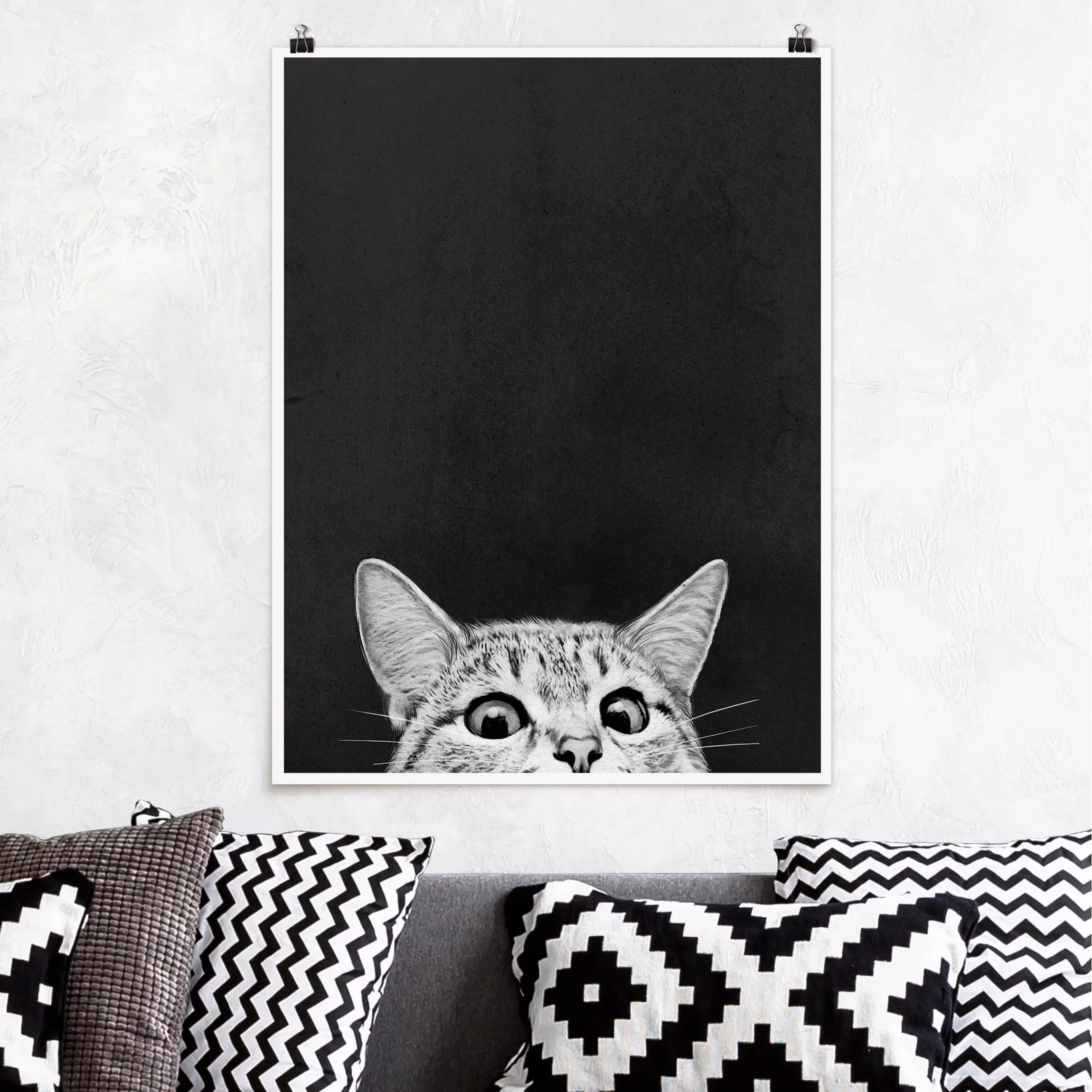 Poster - Hochformat Illustration Katze Schwarz Weiß Zeichnung günstig online kaufen