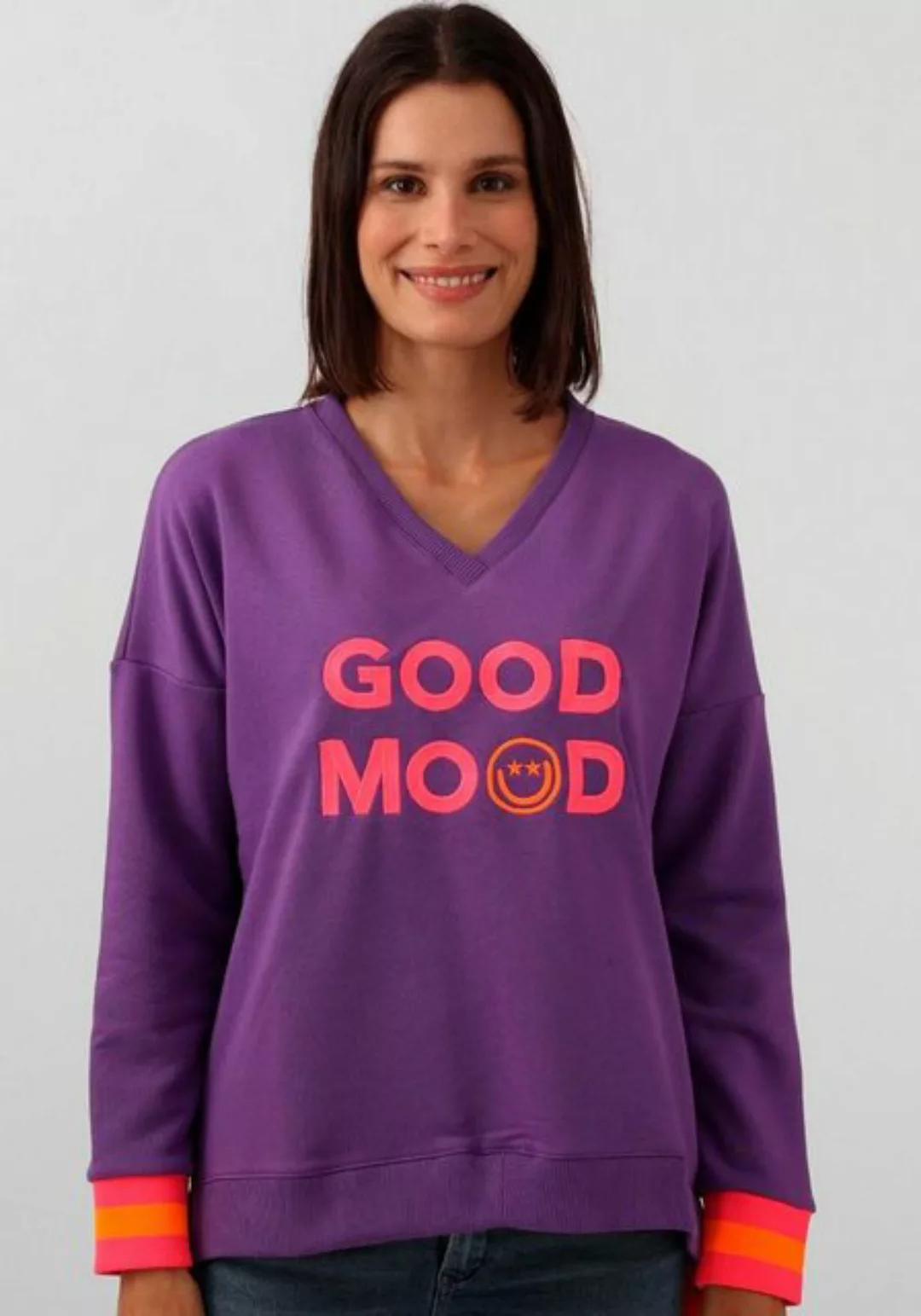 Zwillingsherz Sweatshirt "Dana", mit "Good Mood"-Schriftzug und neonfarbene günstig online kaufen