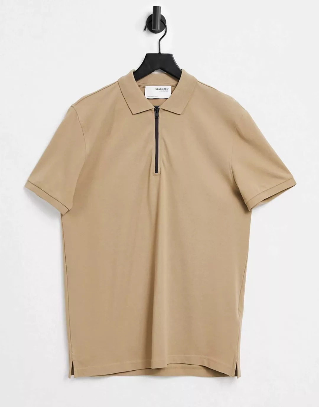 Selected Homme – Locker geschnittenes Polohemd in Beige mit schwarzem Reißv günstig online kaufen