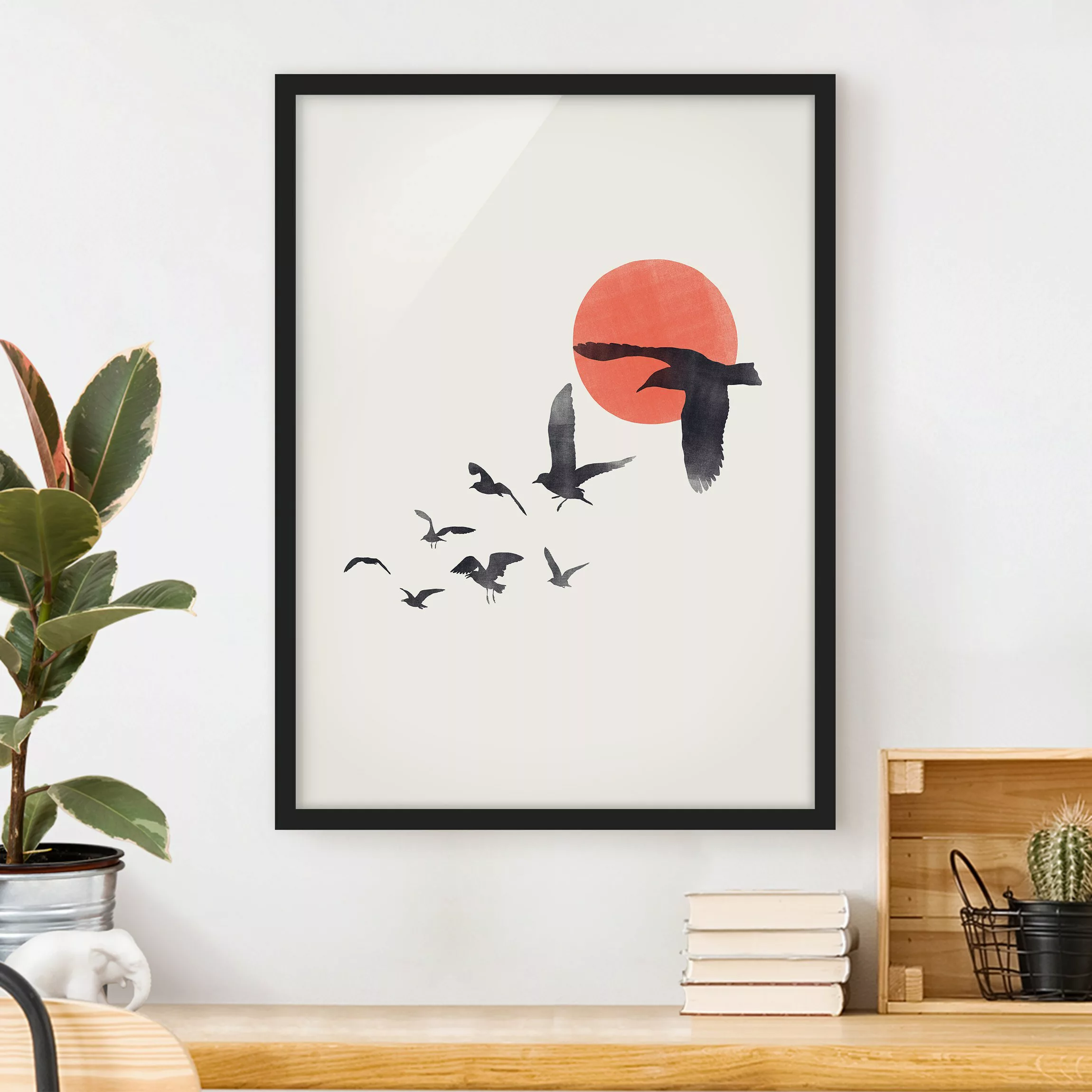 Bild mit Rahmen Vogelschwarm vor Sonne günstig online kaufen