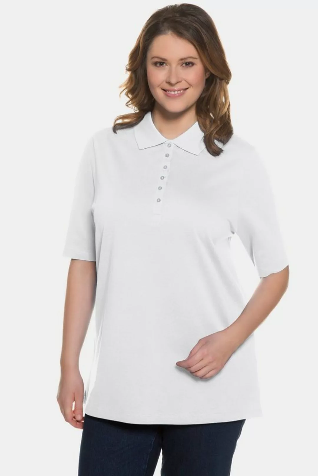 Ulla Popken Rundhalsshirt Poloshirt Piqué Polokragen Samt-Knopfleiste günstig online kaufen