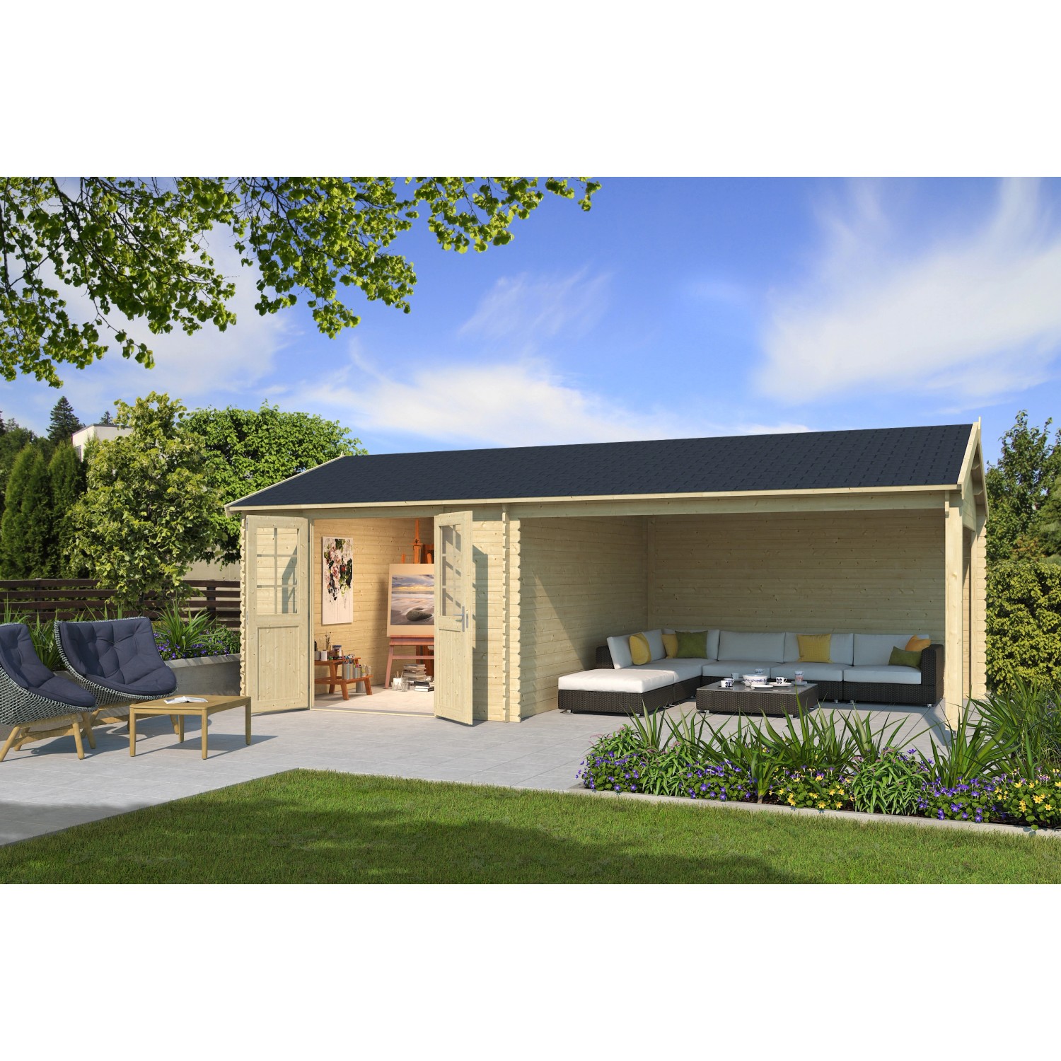 Lasita Holz-Gartenhaus El Paso Natur 700 cm x 417,2 cm mit Anbaudach günstig online kaufen