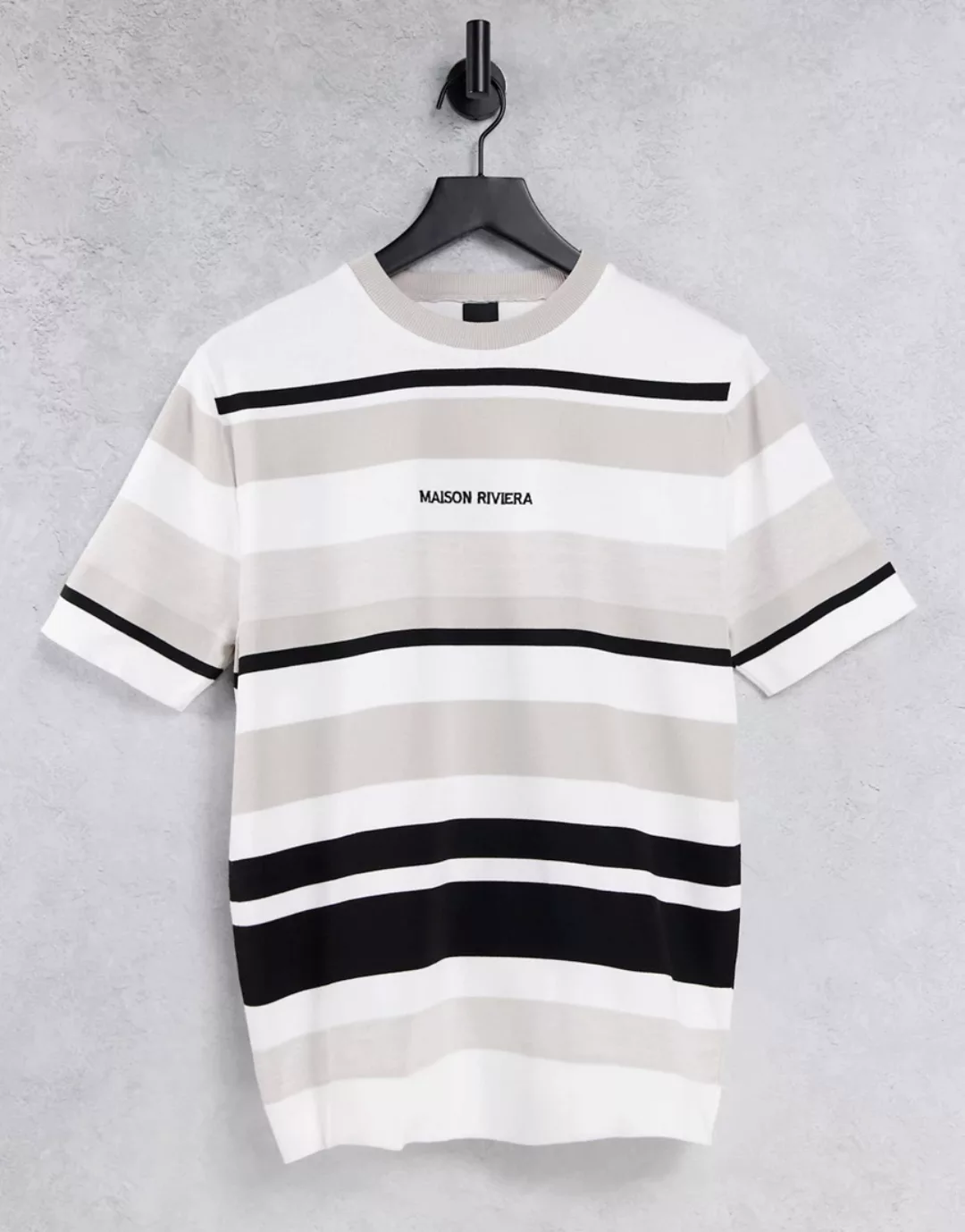 River Island – Gestreiftes T-Shirt in Stein-Neutral günstig online kaufen