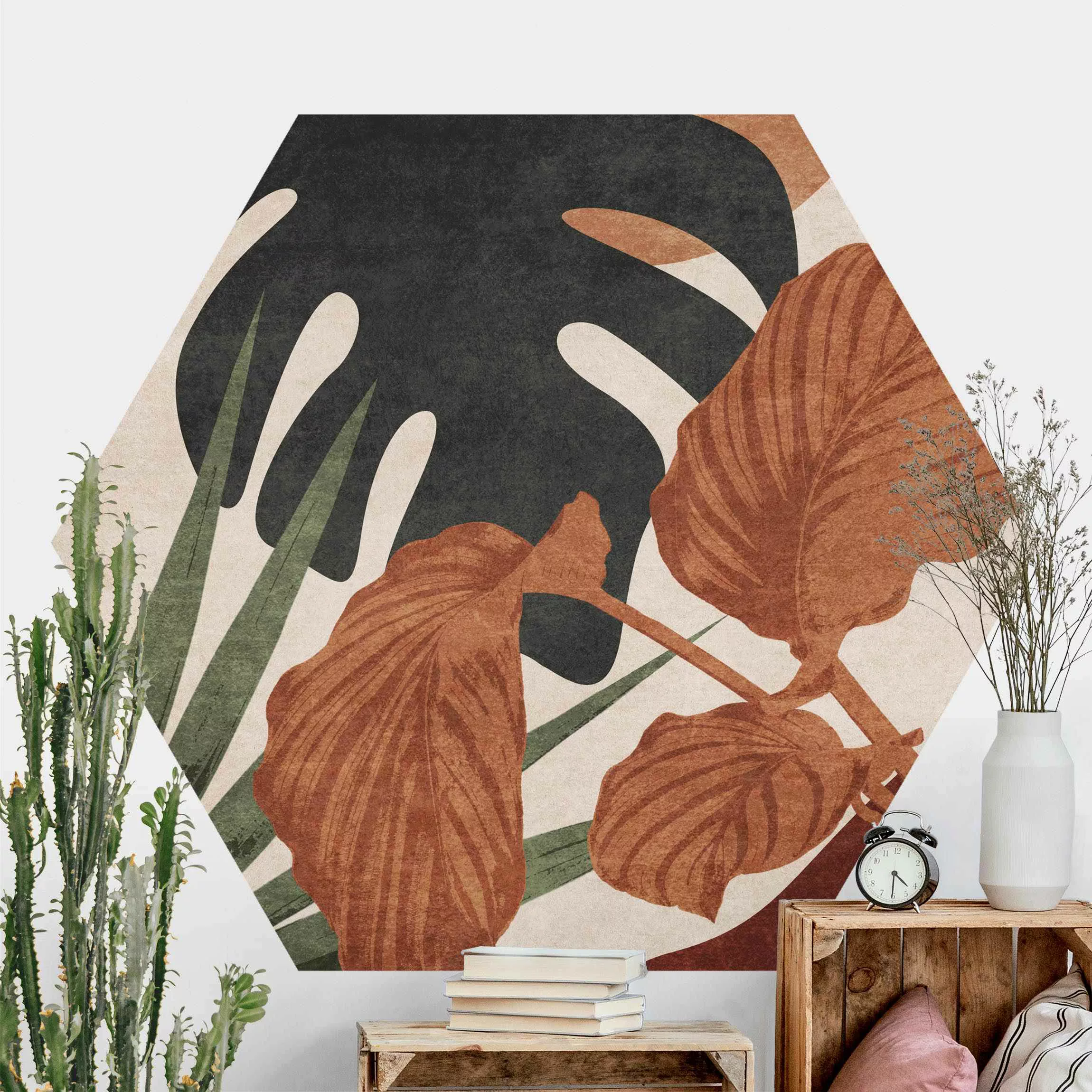 Hexagon Tapete selbstklebend Tropische Boho Blätter günstig online kaufen
