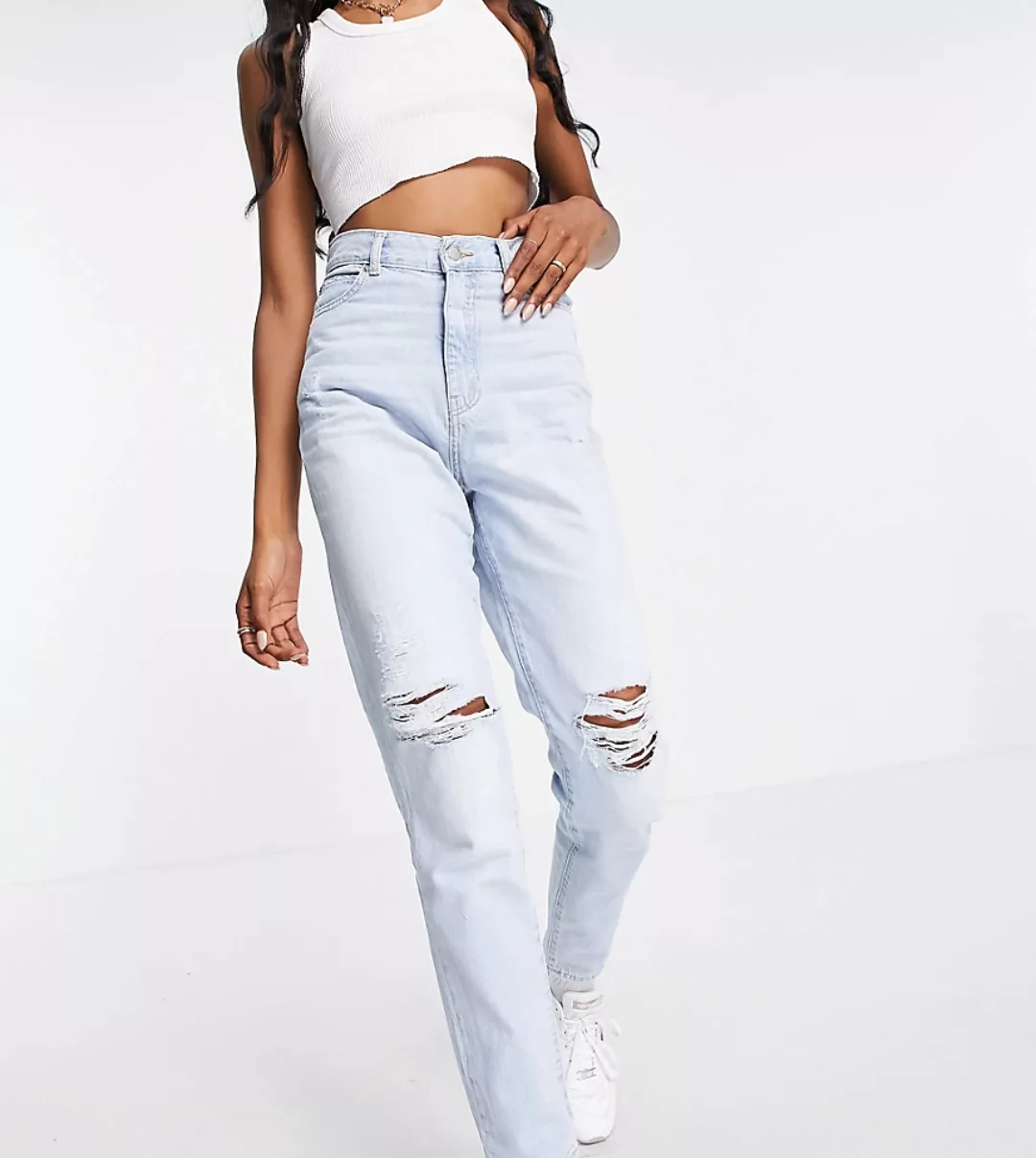 Dr Denim Tall – Nora – Mom-Jeans mit hohem Bund und Rissen am Knie in verbl günstig online kaufen