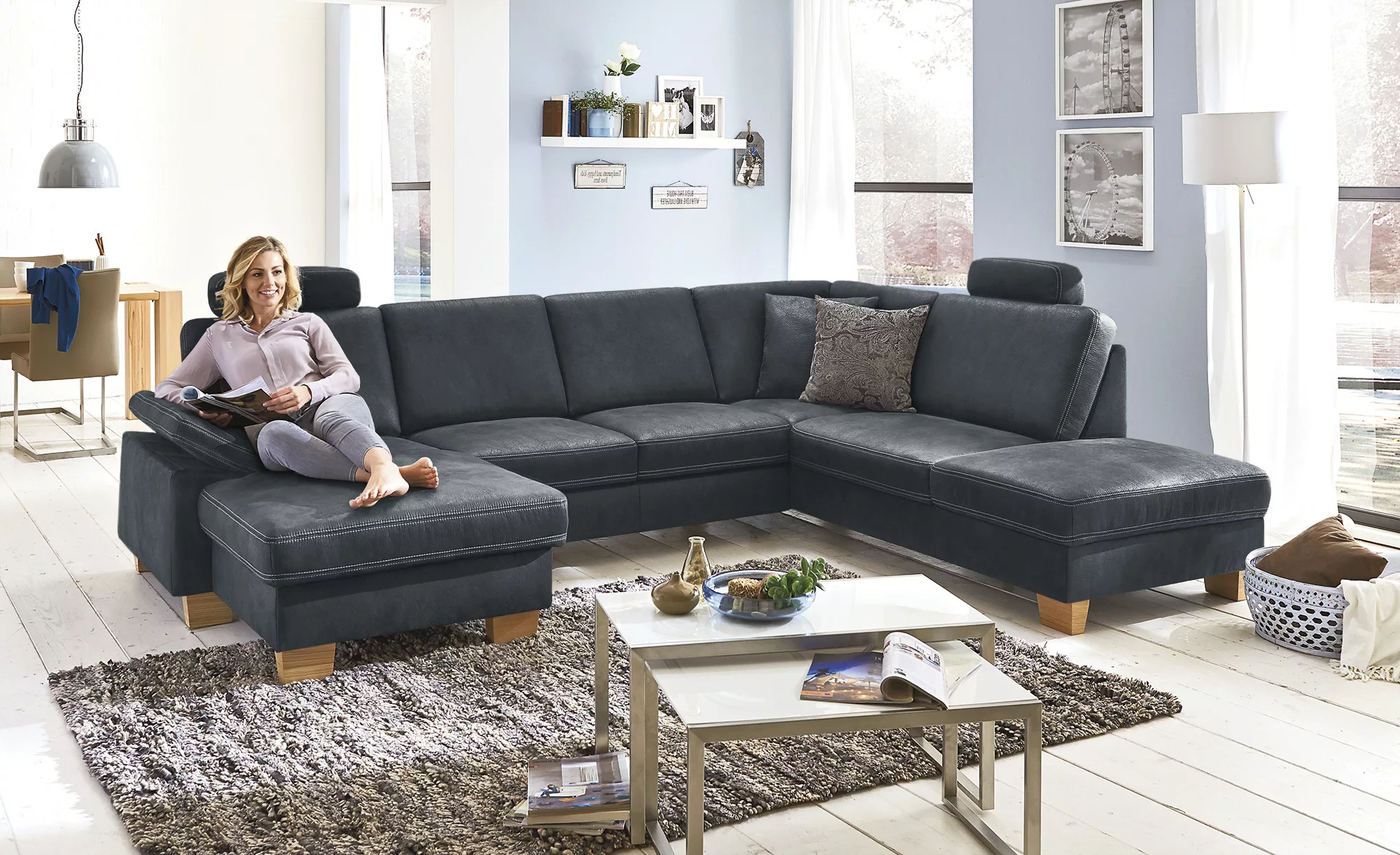 meinSofa Wohnlandschaft  Kunstleder Samu ¦ blau ¦ Maße (cm): B: 316 H: 90 T günstig online kaufen