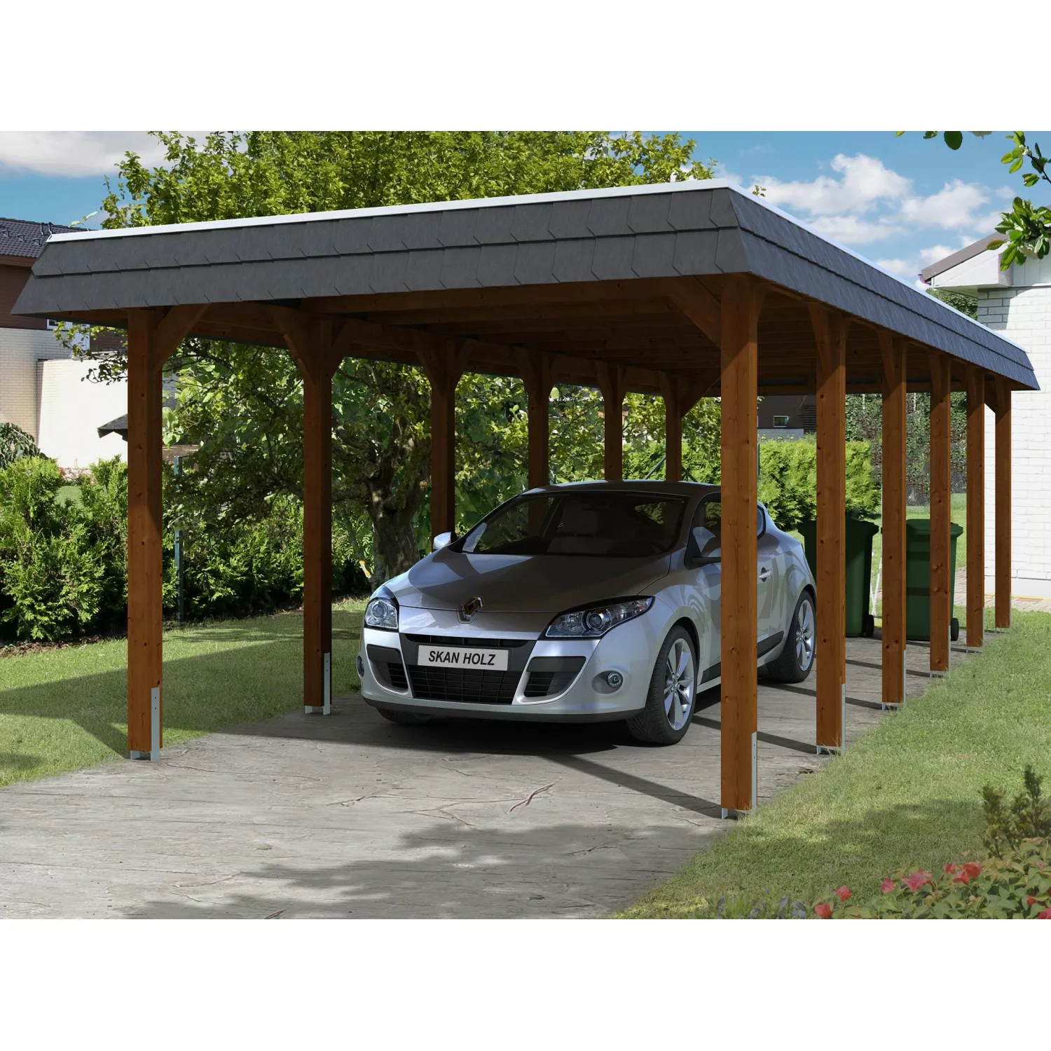 Skan Holz Carport Spreewald 345 cm x 893 cm schwarze Blende Nussbaum günstig online kaufen