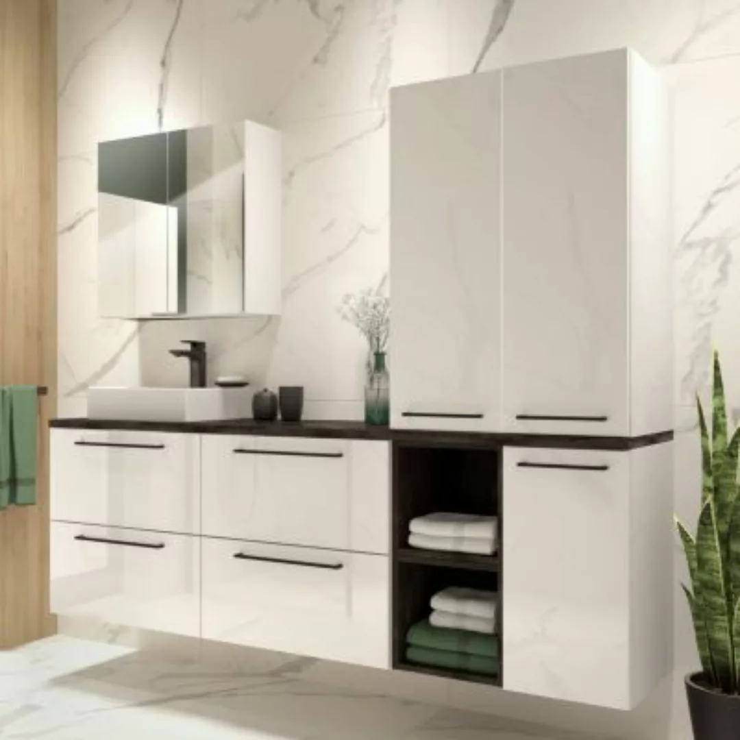 Lomadox Badezimmer Set in weiß Hochglanz lackiert, Beton Dunkel, Metallgrif günstig online kaufen