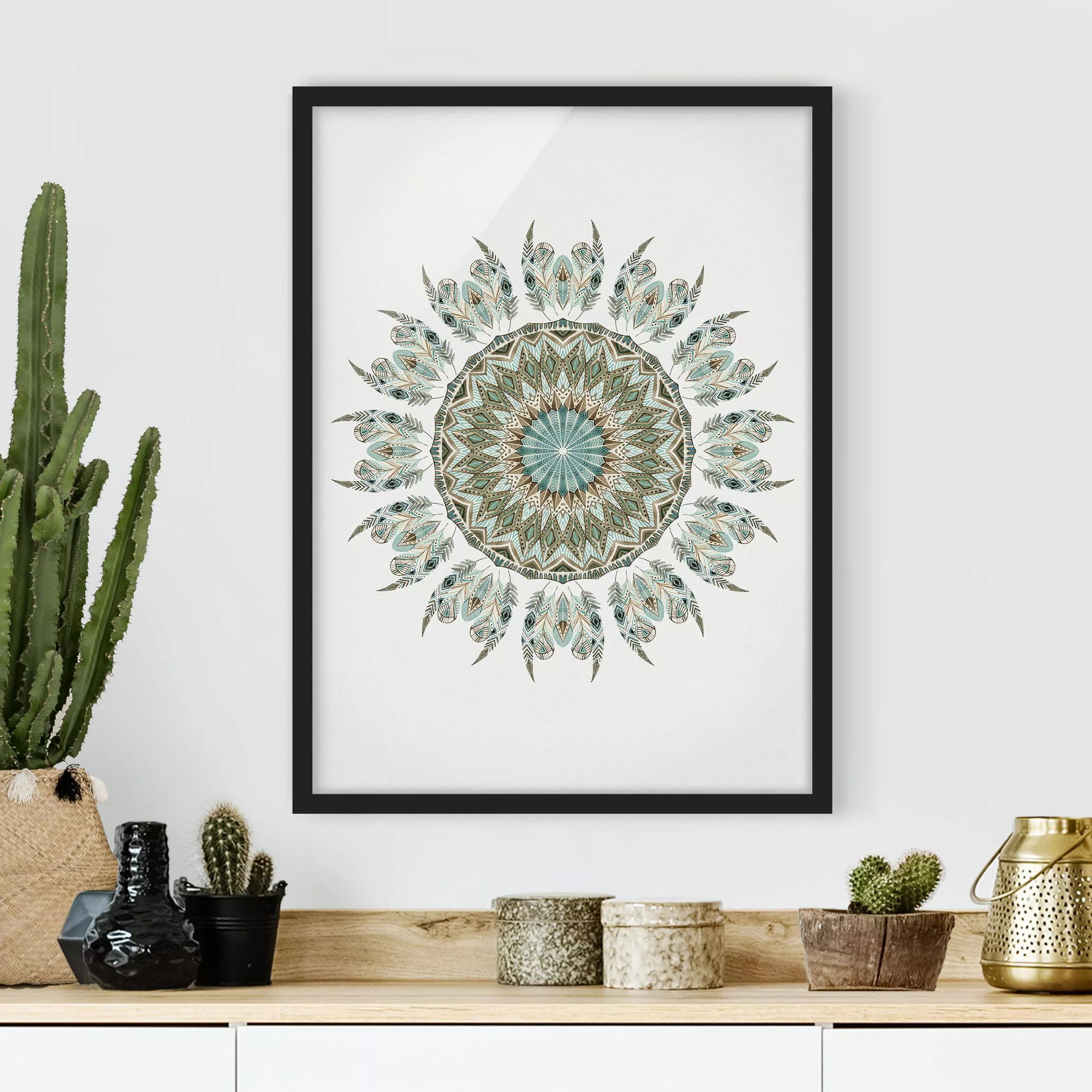 Bild mit Rahmen Kunstdruck - Hochformat Mandala Aquarell Federn handgemalt günstig online kaufen