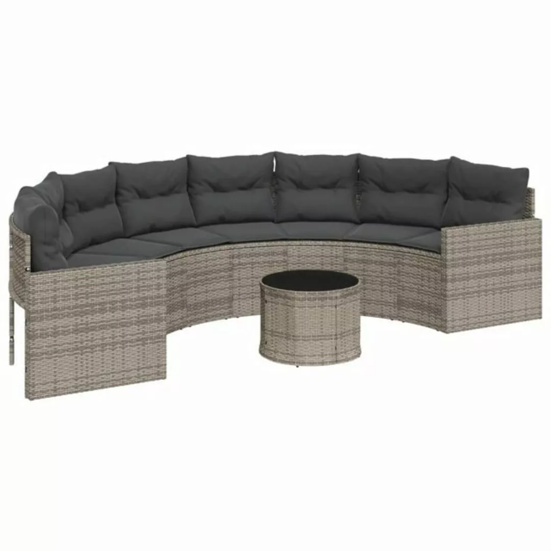 vidaXL Loungesofa Gartensofa mit Tisch und Kissen Halbrund Grau Poly Rattan günstig online kaufen