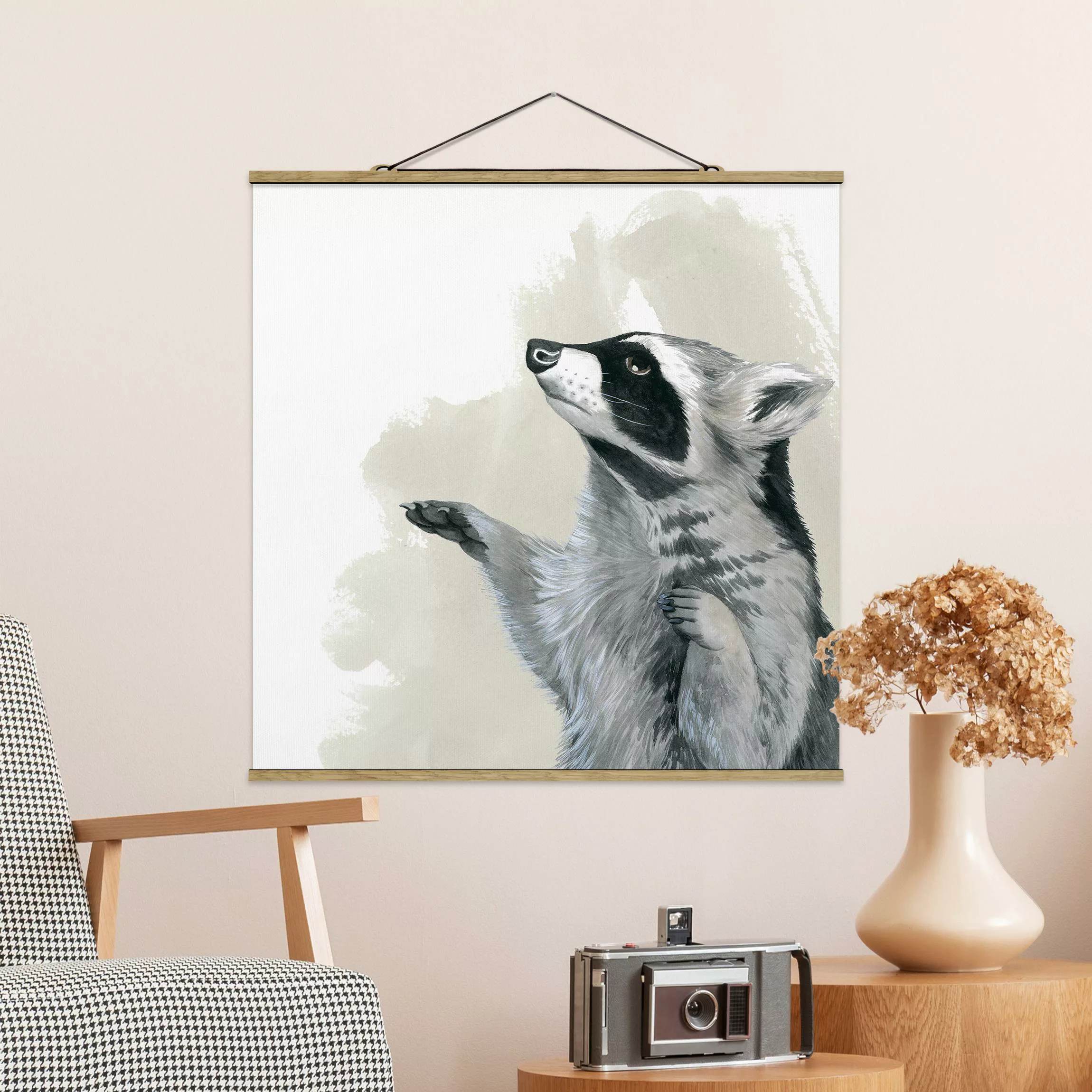 Stoffbild Tiere mit Posterleisten - Quadrat Waldfreunde - Waschbär günstig online kaufen