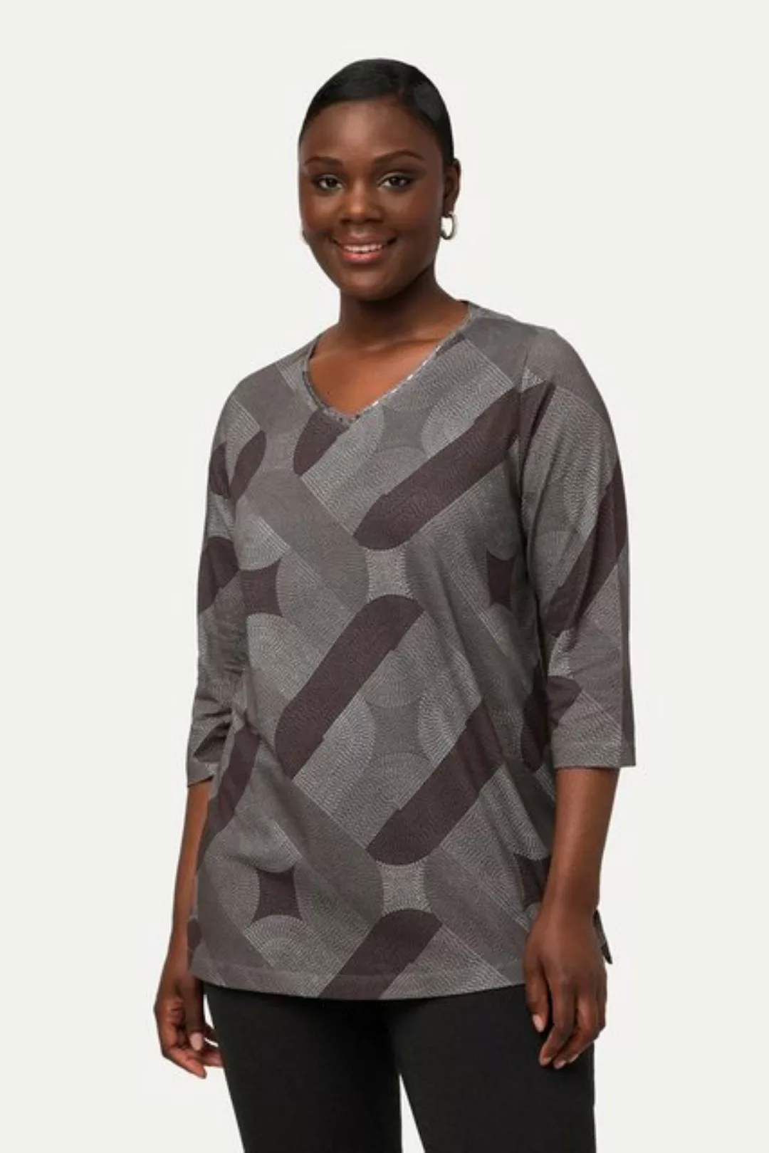 Ulla Popken Rundhalsshirt Shirt A-Linie V-Ausschnitt 3/4-Arm Pima Cotton günstig online kaufen