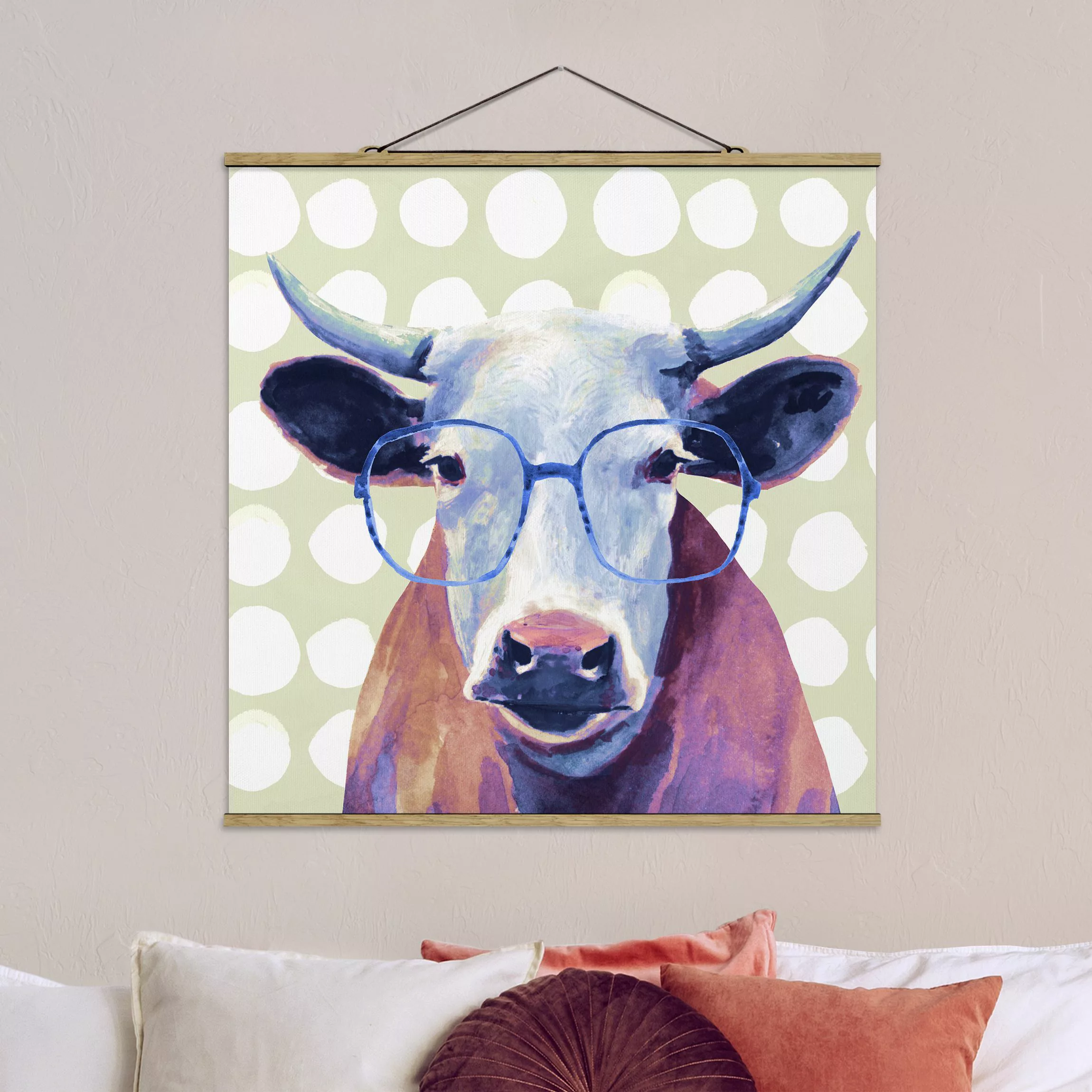 Stoffbild Tiere mit Posterleisten - Quadrat Bebrillte Tiere - Kuh günstig online kaufen