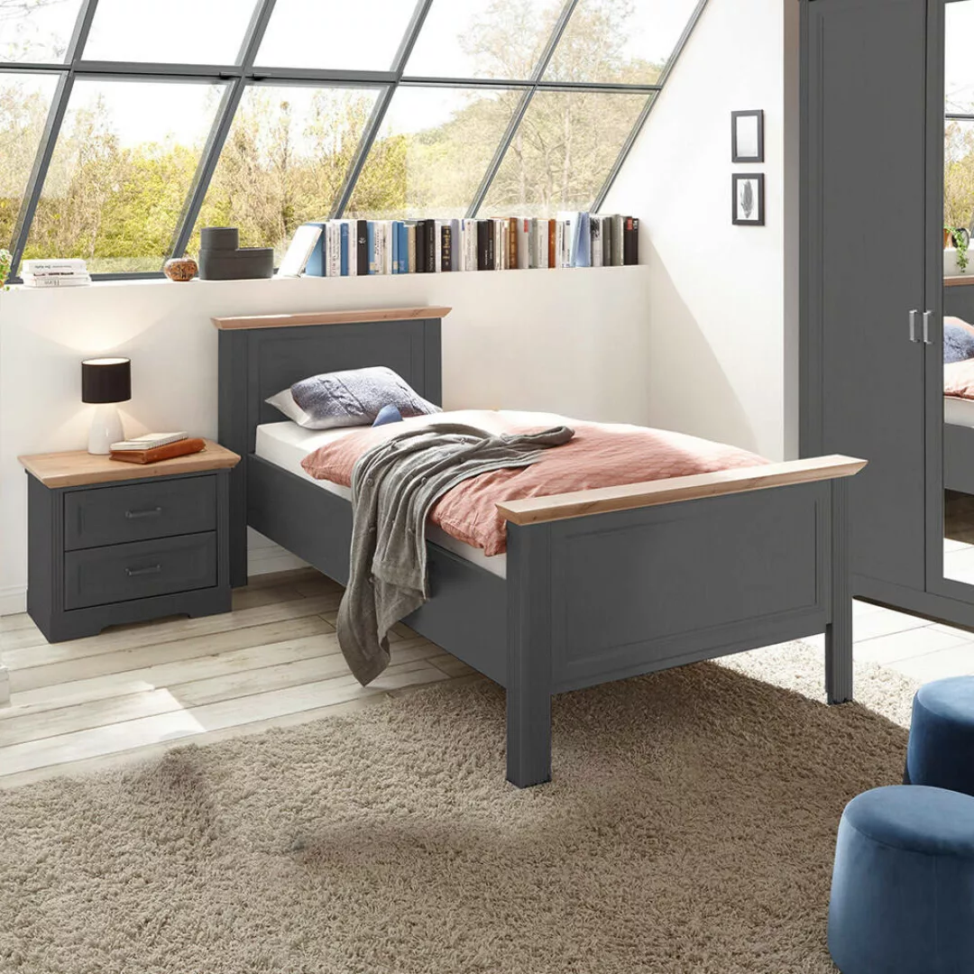 Schlafzimmer Set 2-teilig Bett 100x200cm Graphit mit Eiche JÜLICH-77 günstig online kaufen