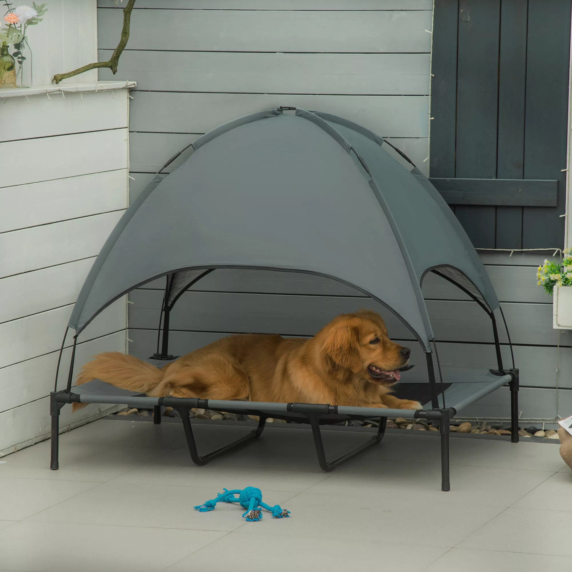 PawHut Haustierbett mit Baldachin  Erhöhtes Outdoor Hundebett mit Dach, Atm günstig online kaufen