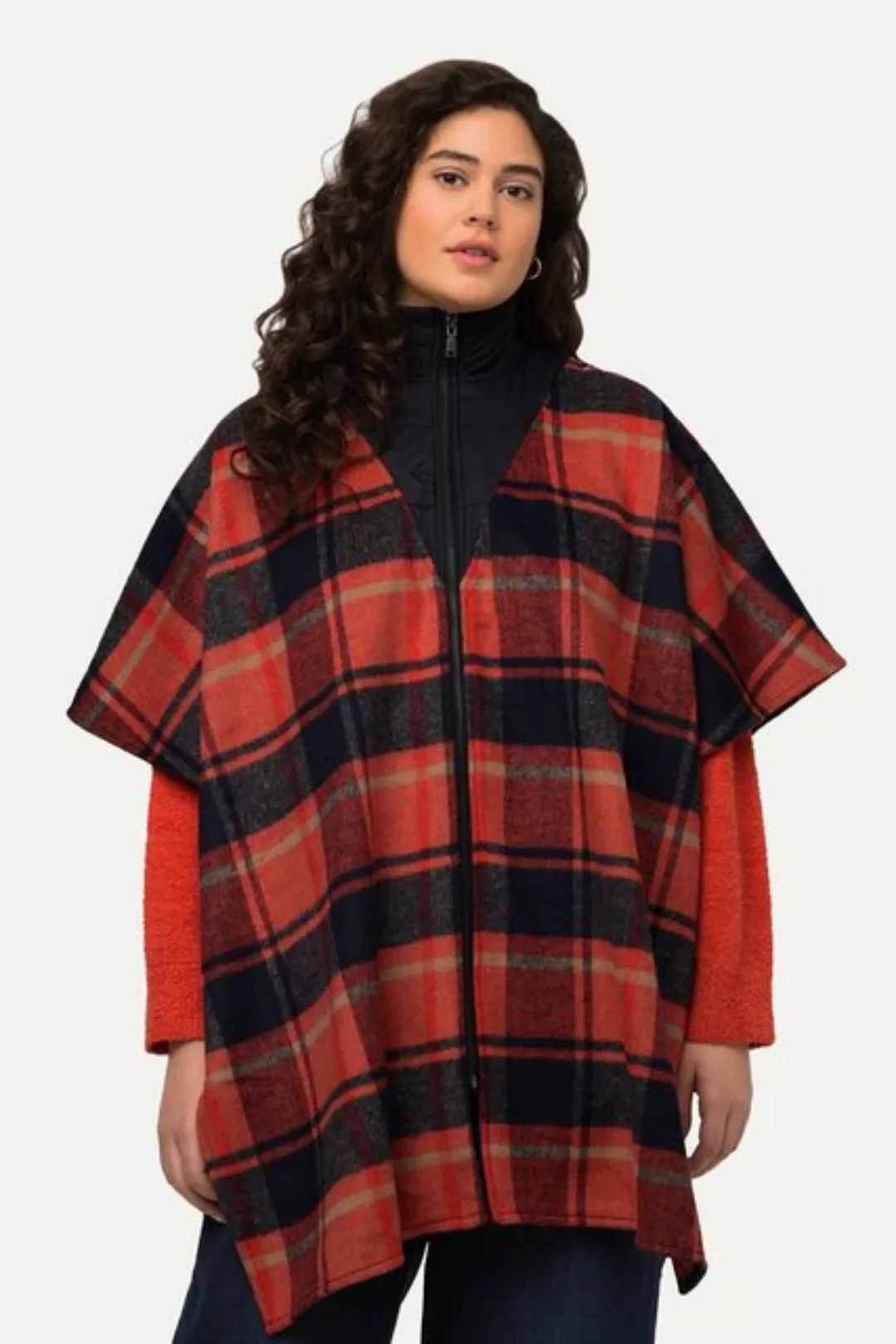 Ulla Popken Jackenblazer Poncho Karomuster Troyerkragen Oversized Halbarm günstig online kaufen