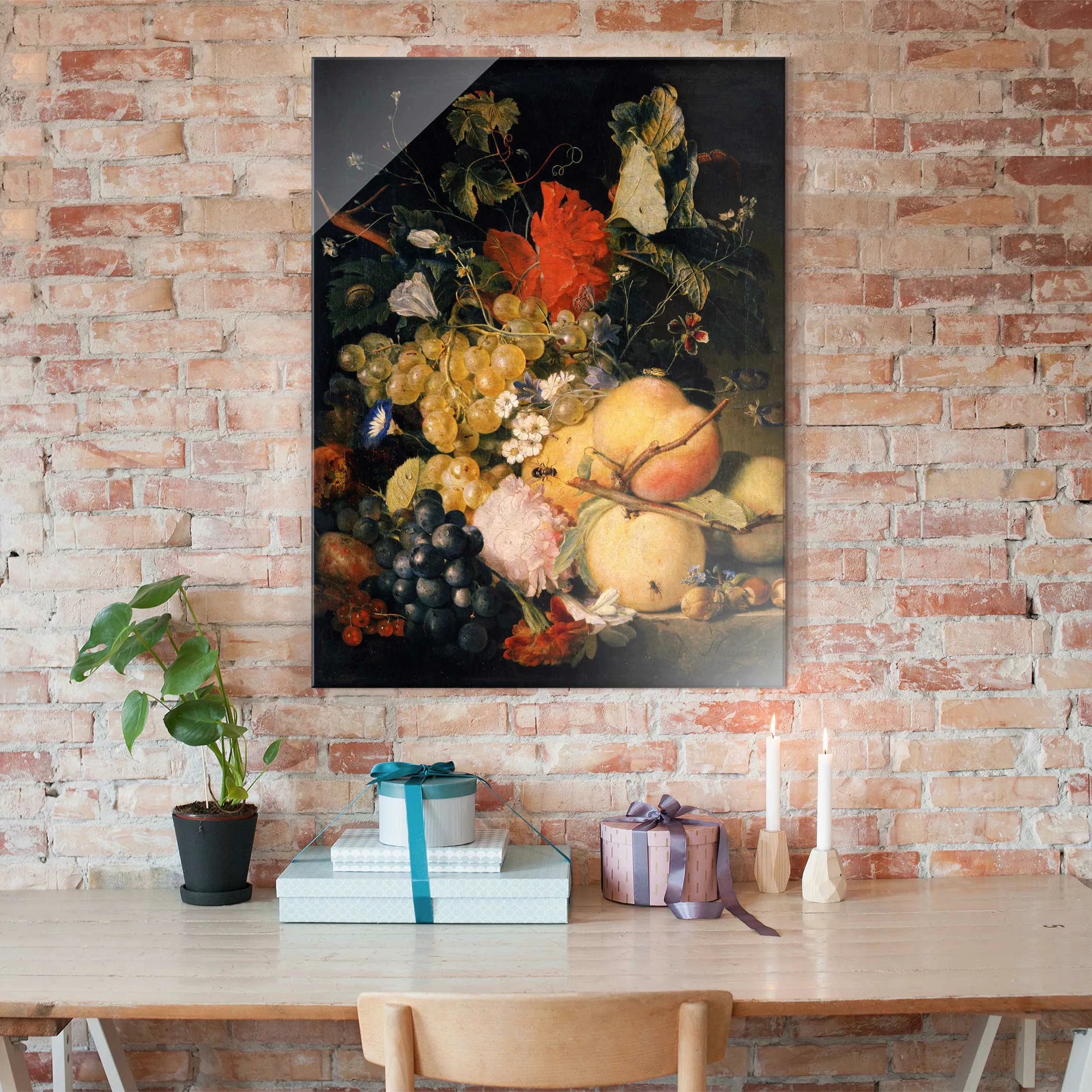 Glasbild Kunstdruck - Hochformat Jan van Huysum - Früchte Blumen und Insekt günstig online kaufen