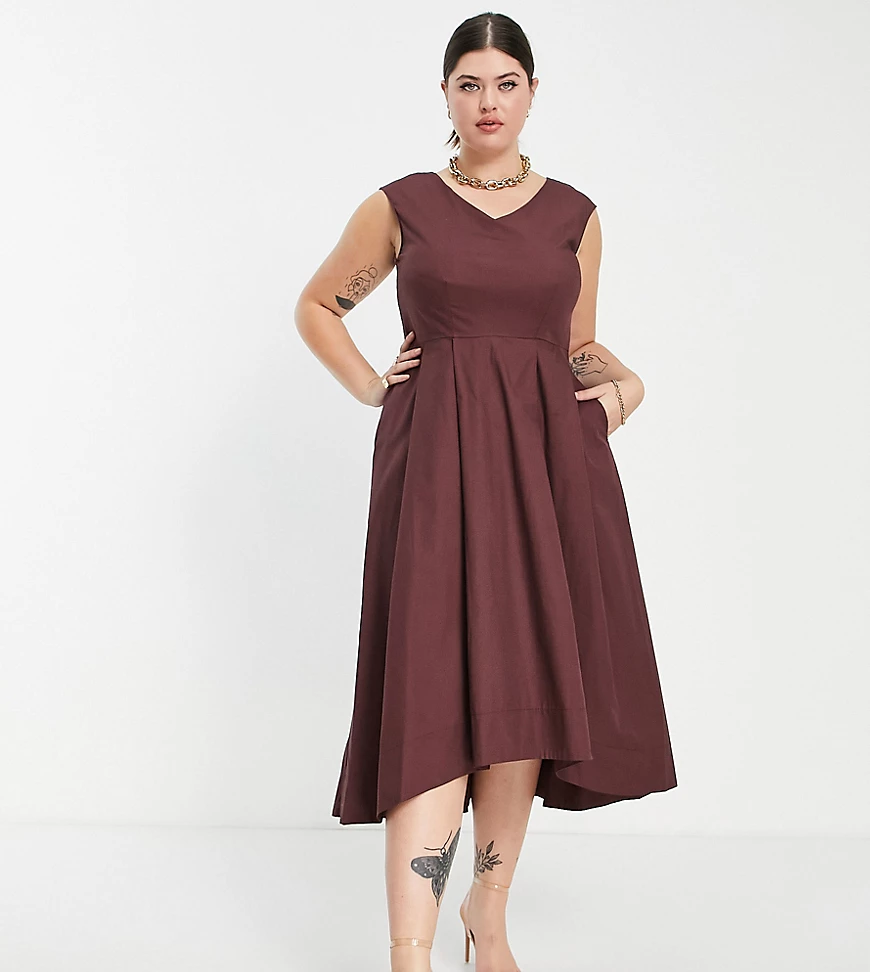 Closet London Plus – Gewebtes Midaxikleid in Schokoladenbraun mit nach hint günstig online kaufen