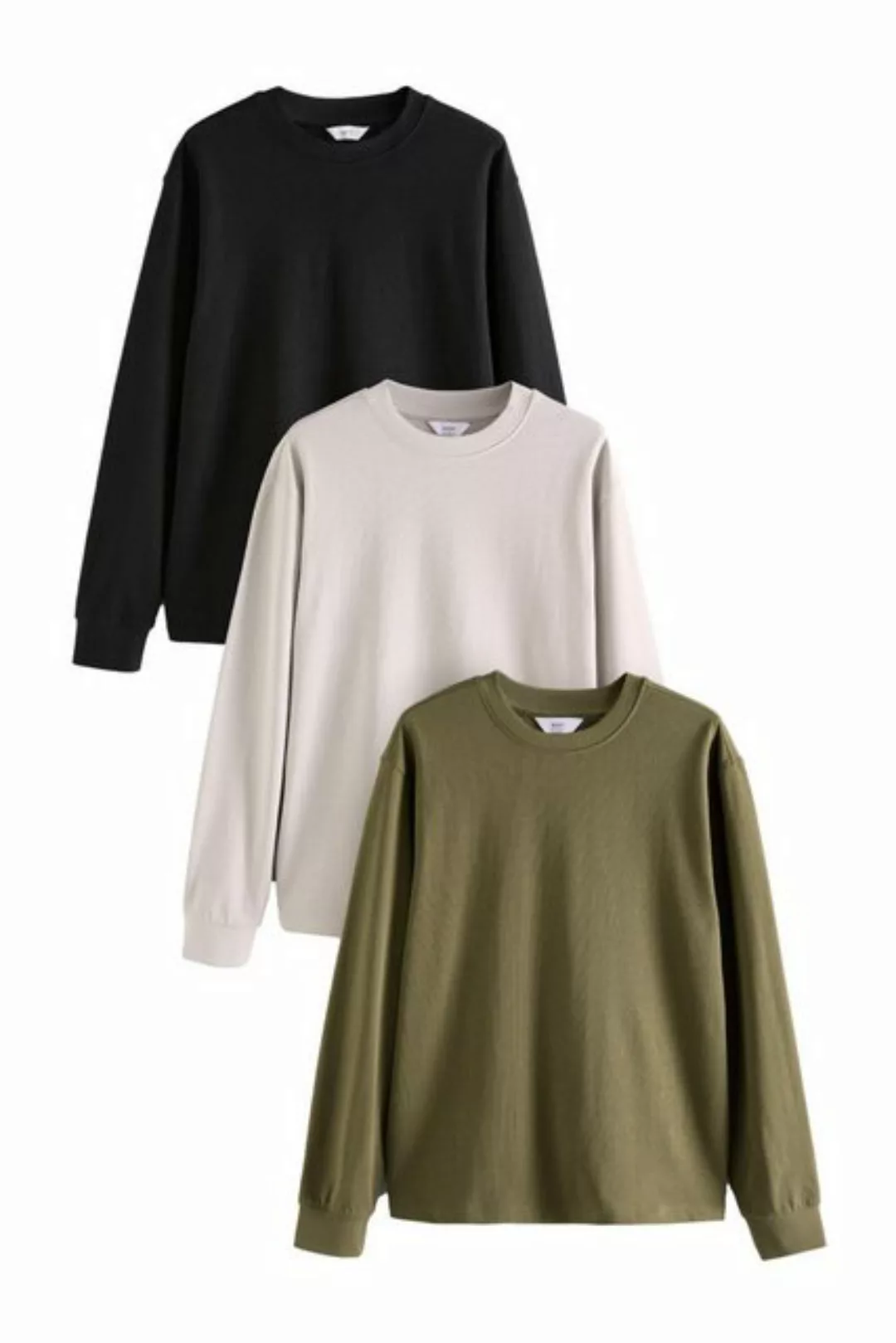 Next Langarmshirt 3er-Pack Relaxed Fit Langarmshirts, Baumwolle (3-tlg) günstig online kaufen