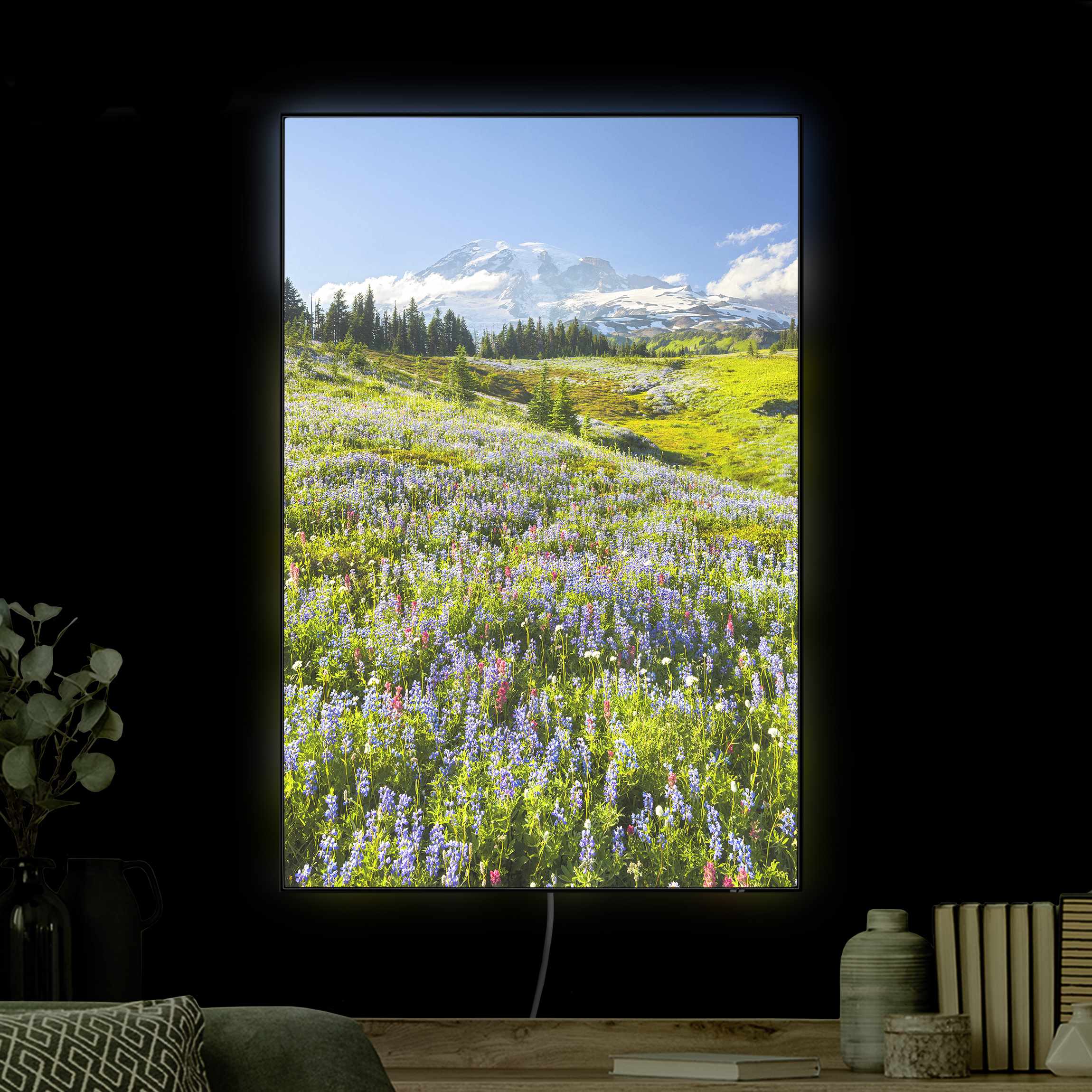 LED-Wechselbild Bergwiese mit Blumen vor Mt. Rainier günstig online kaufen