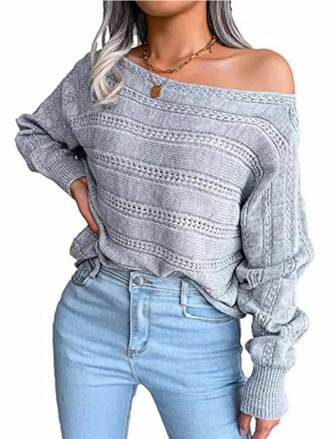 KIKI Chiffonbluse Pullover Damen Schulterfrei Elegant Strickpullover Casual günstig online kaufen
