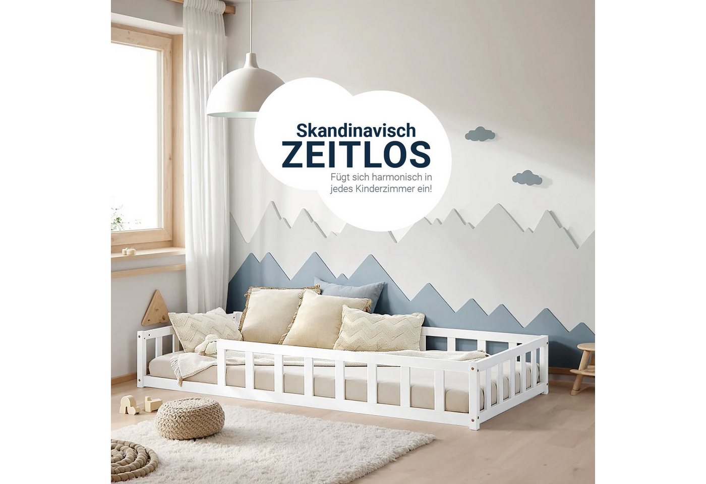 Homestyle4u Kinderbett 90x200 / 120x200 Weiß Natur Holzbett Bodenbett Monte günstig online kaufen