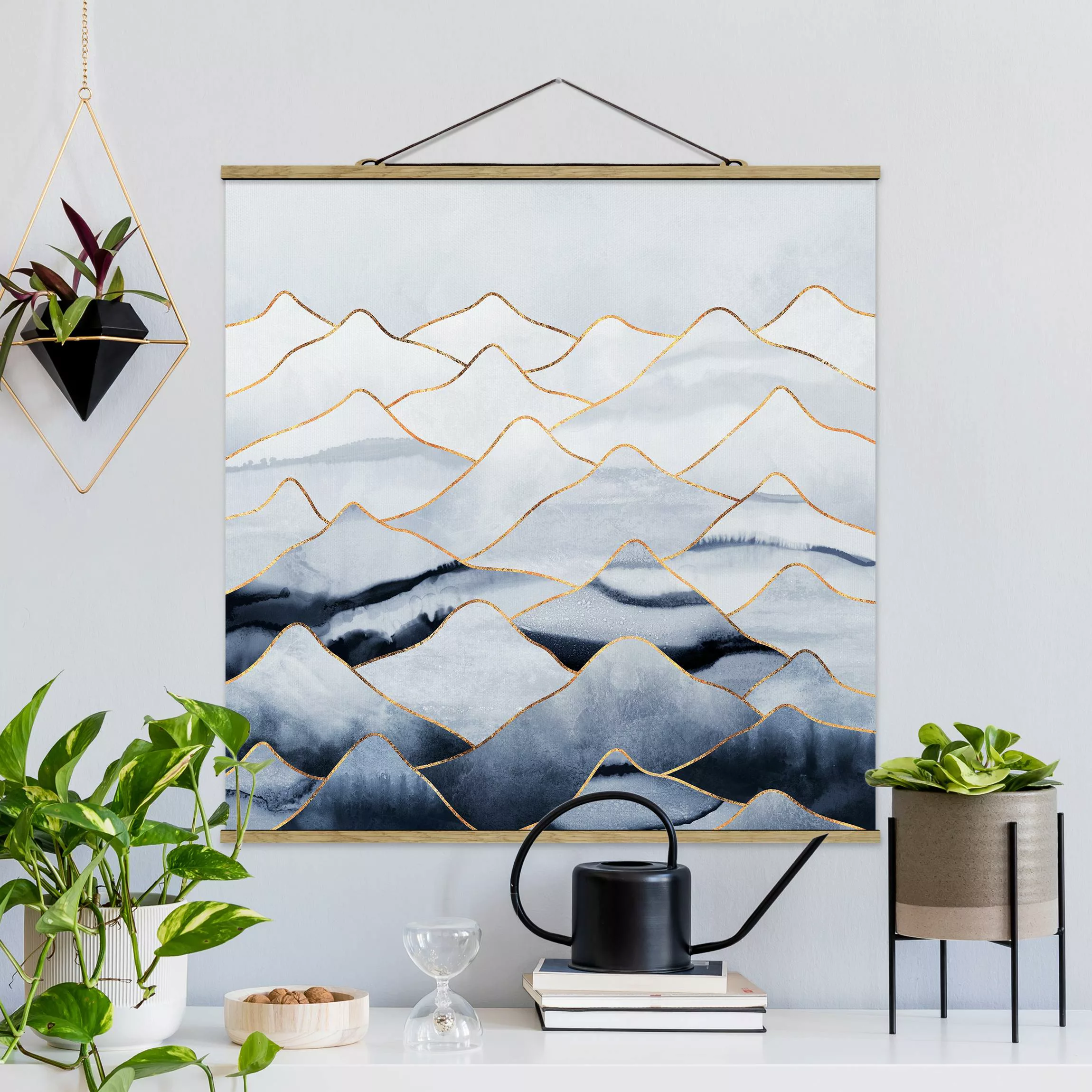 Stoffbild Abstrakt mit Posterleisten - Quadrat Aquarell Berge Weiß Gold günstig online kaufen