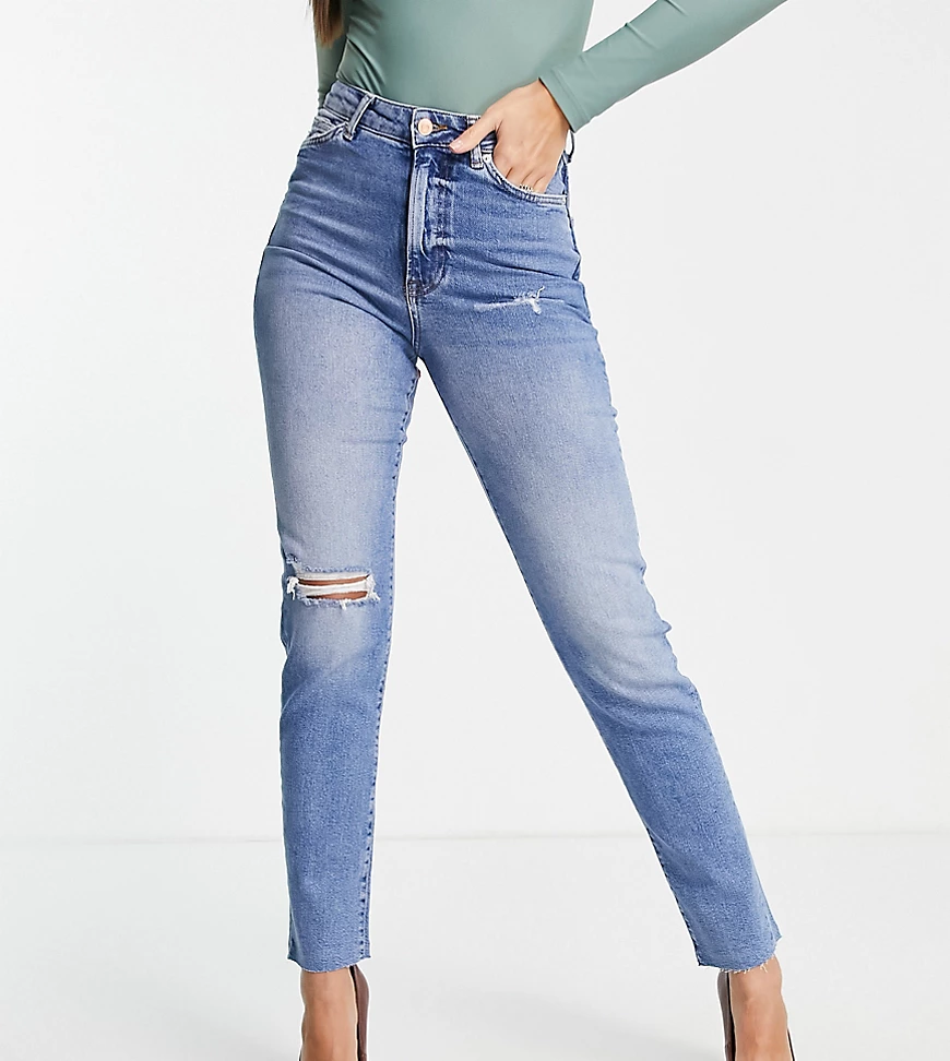 New Look Tall – Mom-Jeans in Mittelblau mit hohem Bund und Knierissen günstig online kaufen